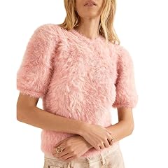 Mxiqqpltky Fuzzy Sweater for Women Cute Puff Short Sleeve Crew Neck Cropped Fluffy Sweater Shirt Y2K Backless Tie