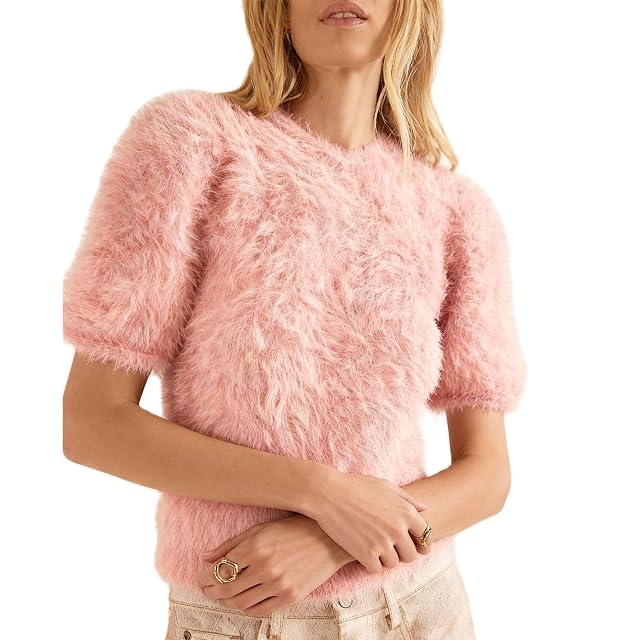 Mxiqqpltky Fuzzy Sweater for Women Cute Puff Short Sleeve Crew Neck Cropped Fluffy Sweater Shirt Y2K Backless Tie