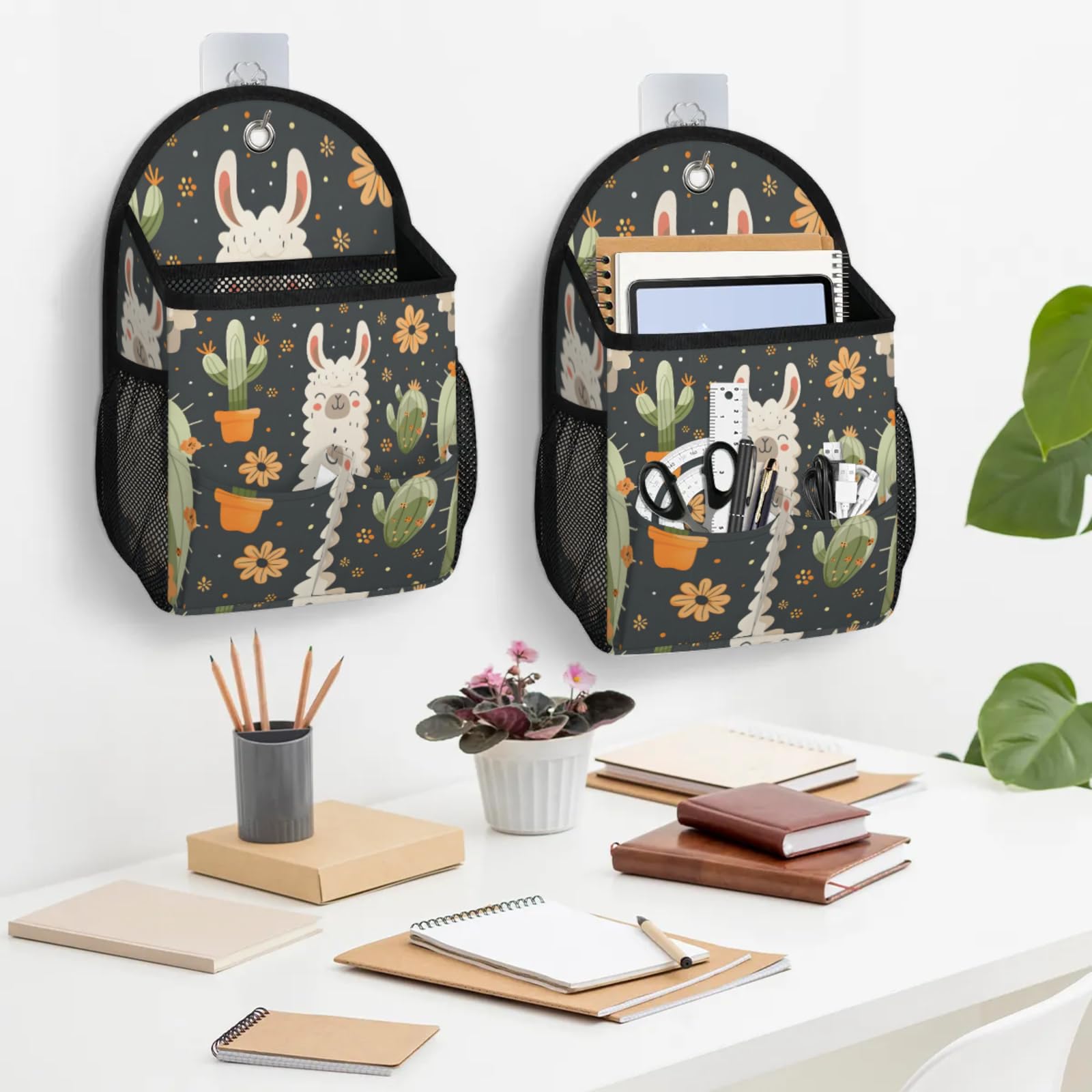 2 Pack Wall Hanging Storage Bag with Sticky Hook Alpaca Cactus Floral Waterproof Wall Organizer Over The Door Organizer for Bedroom Office RV Camper Wall Mounted Storage