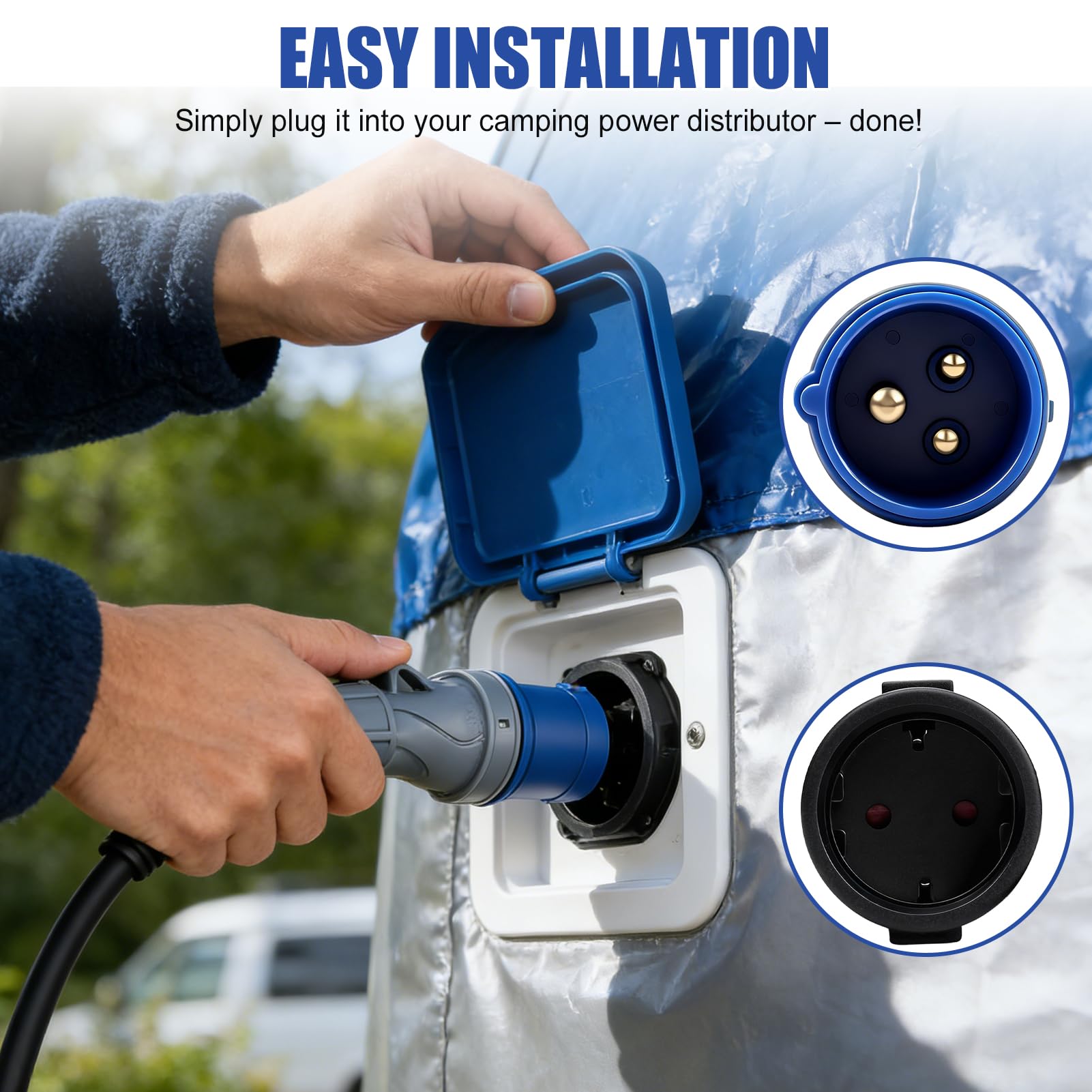 Adaptateur CEE Mâle vers Prise Schuko Femelle, Adaptateur Prise Camping Car Câble de 60cm H07RN-F3G 2,5 mm² Protection IP44, 250V 16A Adaptateur CEE pour Camping Car, Caravane, Chantier et Extérieur