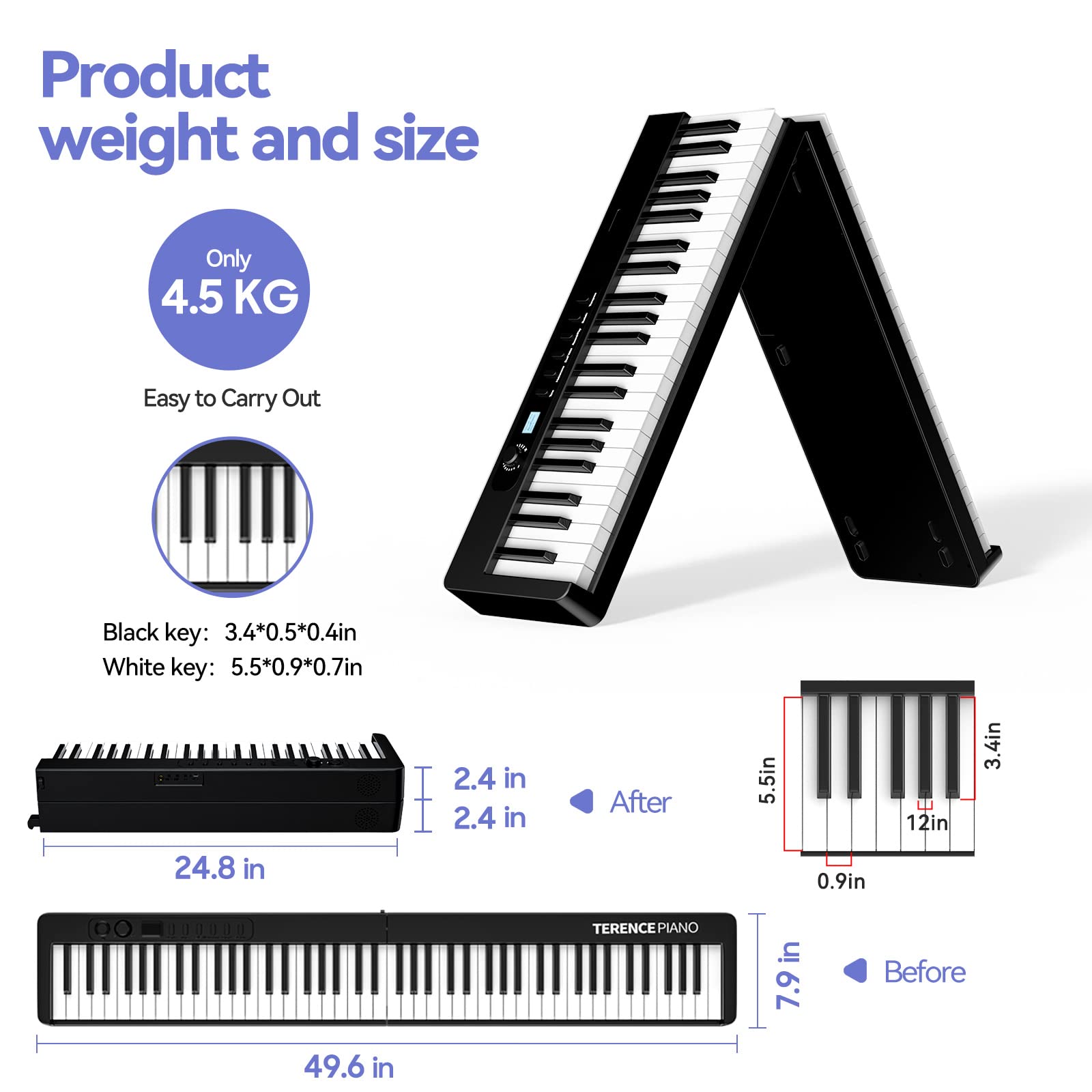 TERENCE Pieghevole Pianoforte Digitale 88 Tasti semi-pesati con batteria da 1750 mAh Bluetooth e interfaccia MIDI, supporto per spartiti Borsa adesiva Cavo audio con Pedale di sostegno (X88D)