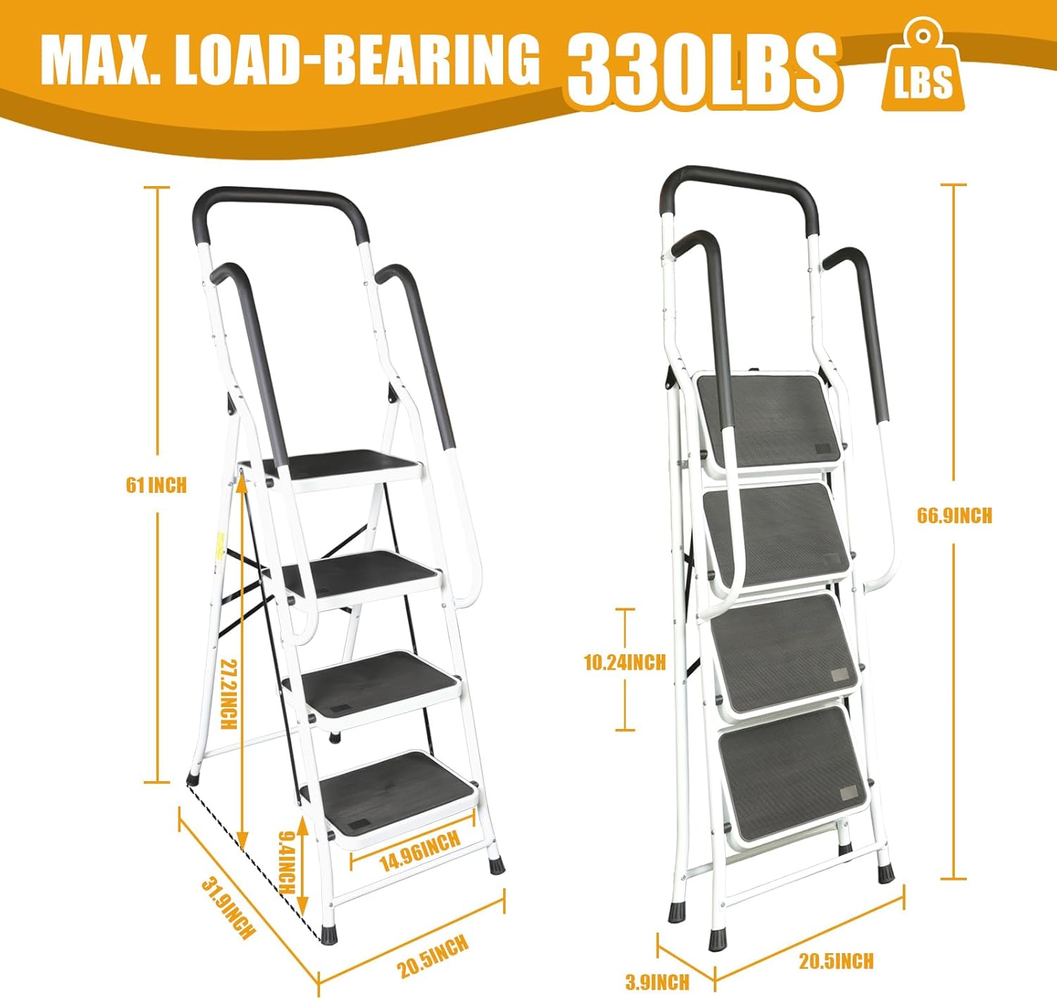 TCE 4 Step Ladder, 400lbs Ergonomic Folding Stool with Anti-Slip Pedal,Heavy Duty Step Stool with Padded Handle for Decoration, Lighting Replacement, Party Decoration, ATRJZ9034XU, Torin