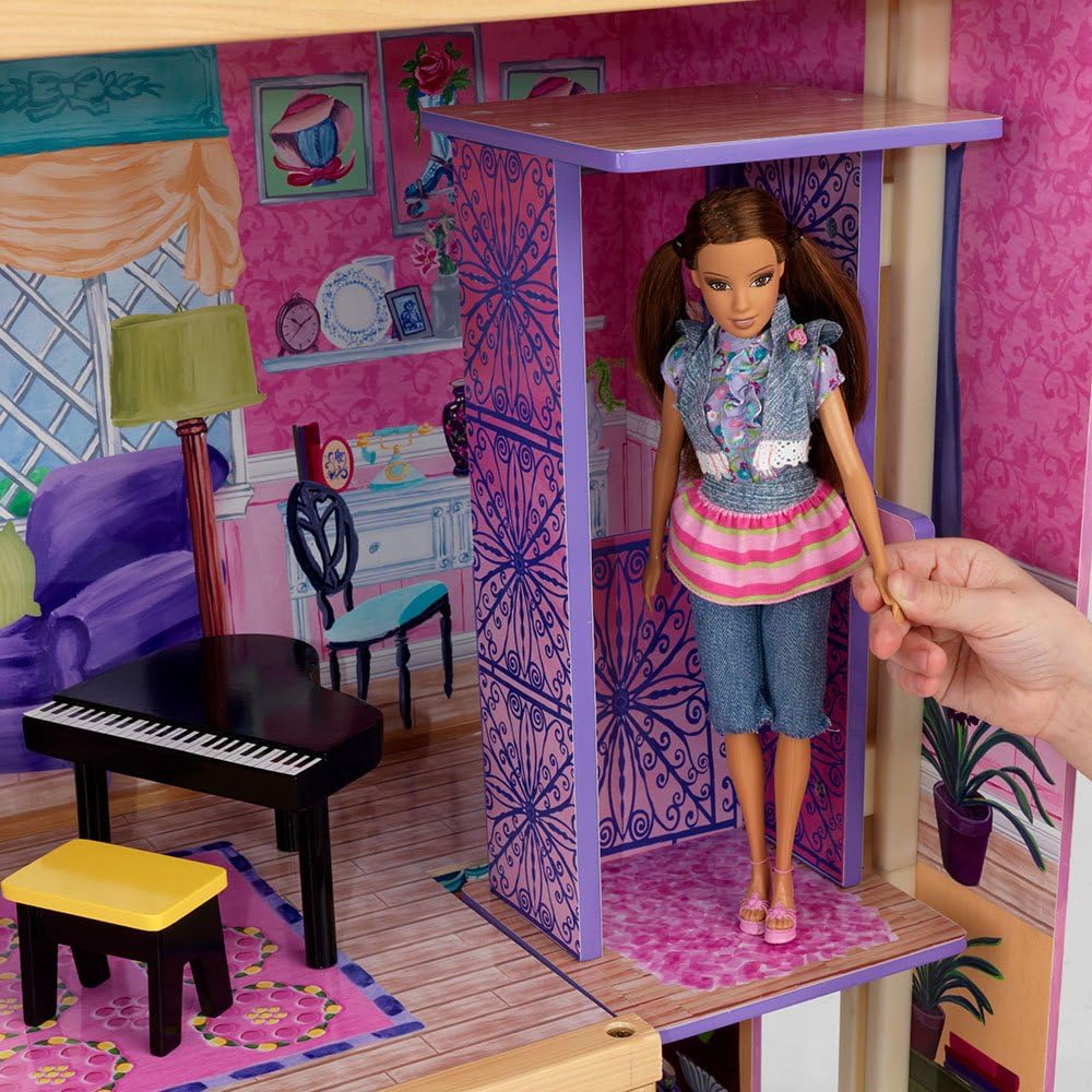 Doll standing in the elevator of the dollhouse next to a piano