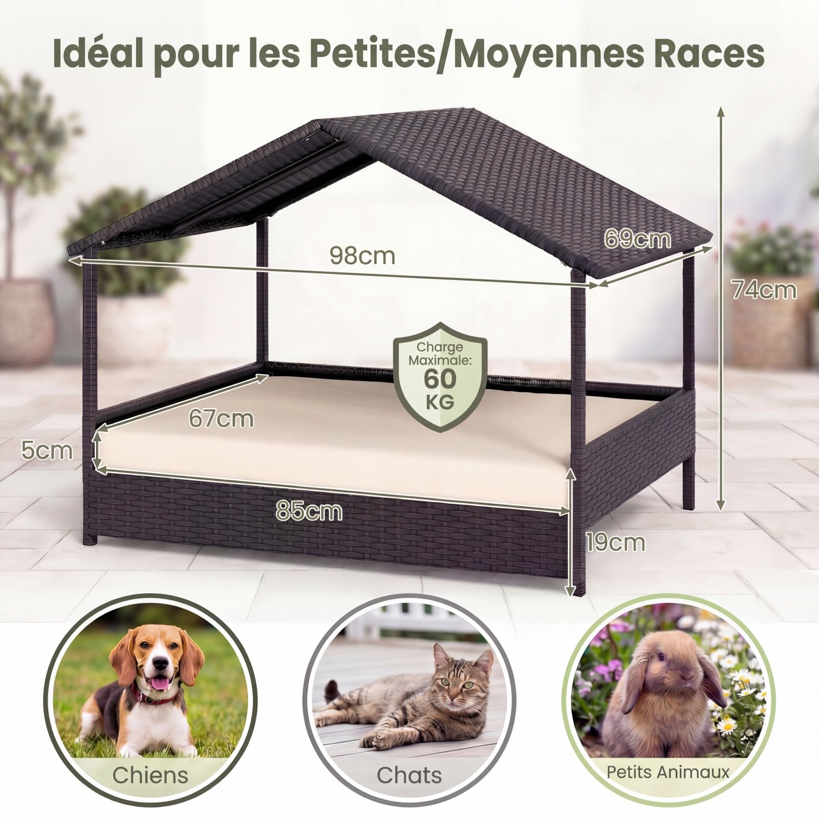 GYMAX Lit pour Chien Surélevé Extérieur avec Coussin, Panier pour Chien en Rotin PE avec Toit en Pente, Cadre en Métal Robuste, Bonne Ventilation, Abri Chiot 98 x 68 x 74 cm (Beige)