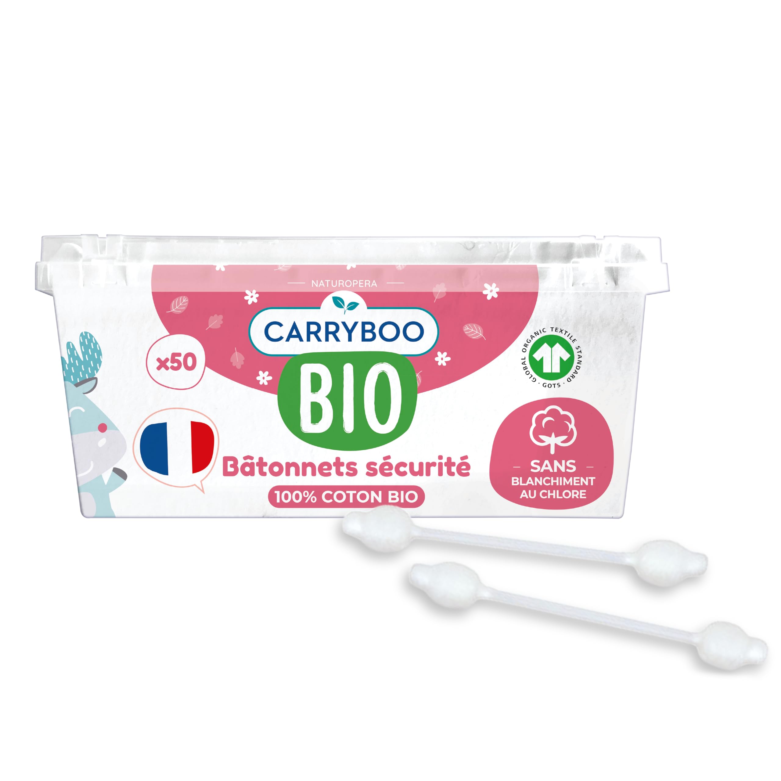 CARRYBOO - Bâtonnets Sécurité pour bébé en Coton Bio - Boite de 50 bâtonnets