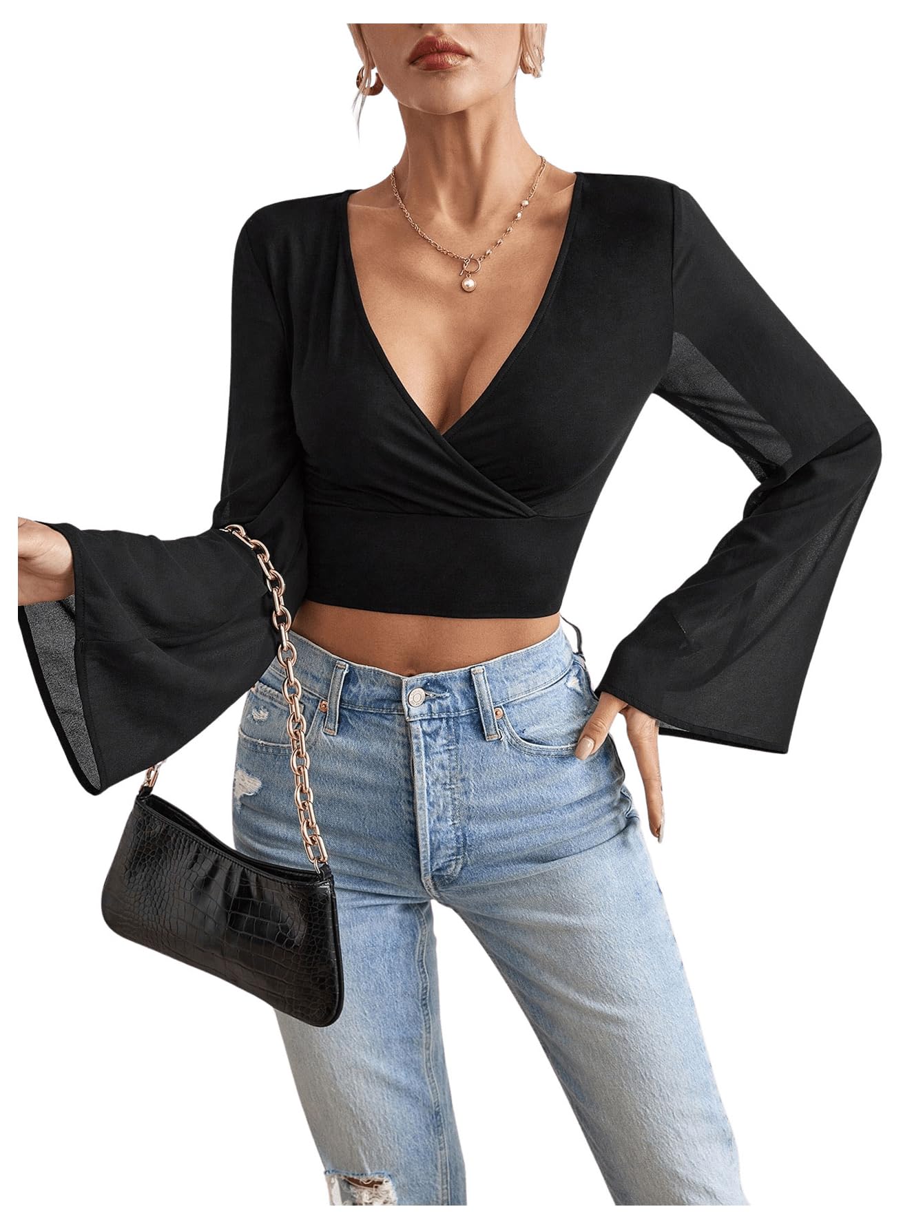 GORGLITTER Damen Bauchfreies Oberteil Cropped T-Shirt Wrap Crop Tops Mesh Ärmel Langarmshirt mit Volantärmeln
