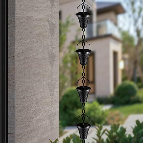 Miniatura 2 de HANAYARD Cadenas de lluvia para canaletas exteriores con recubrimiento de polvo negro, desviador de lluvia de metal, decoración para exteriores, 8.5