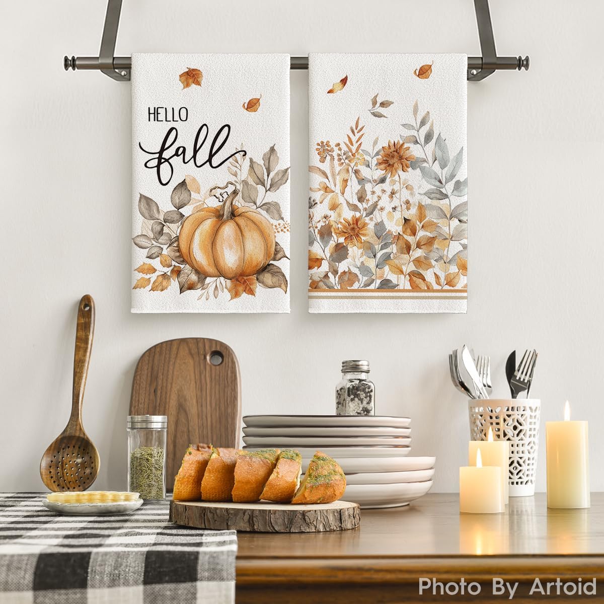 Artoid Mode Pumpkin Hello Fall Kitchen Towels Dish Towels, 18x26 Inch Autumn Floral Leaves Thanksgiving Decoration Hand Towels Set of 2 - Image 2