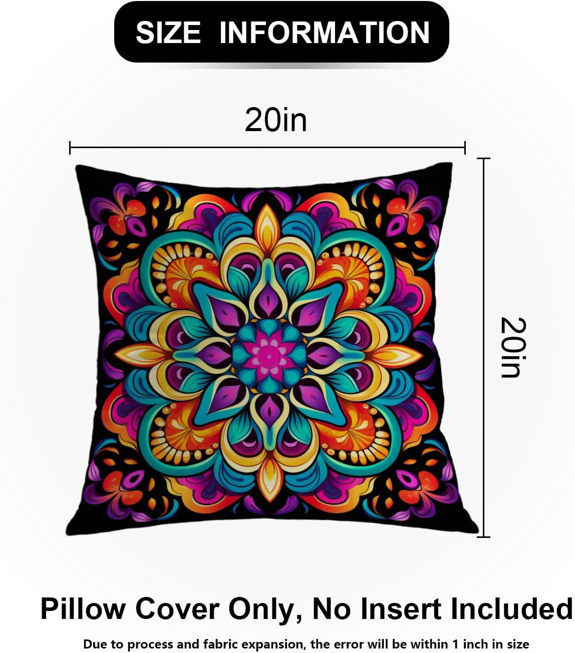 Shrahala Colorful Mandala Decorative Throw Pillow Cover, Vibrant Floral Pattern Square Pillowcase Blended Double-Sided No Inserts for Bedroom Living Room Set of 2 (20 X 20 in)