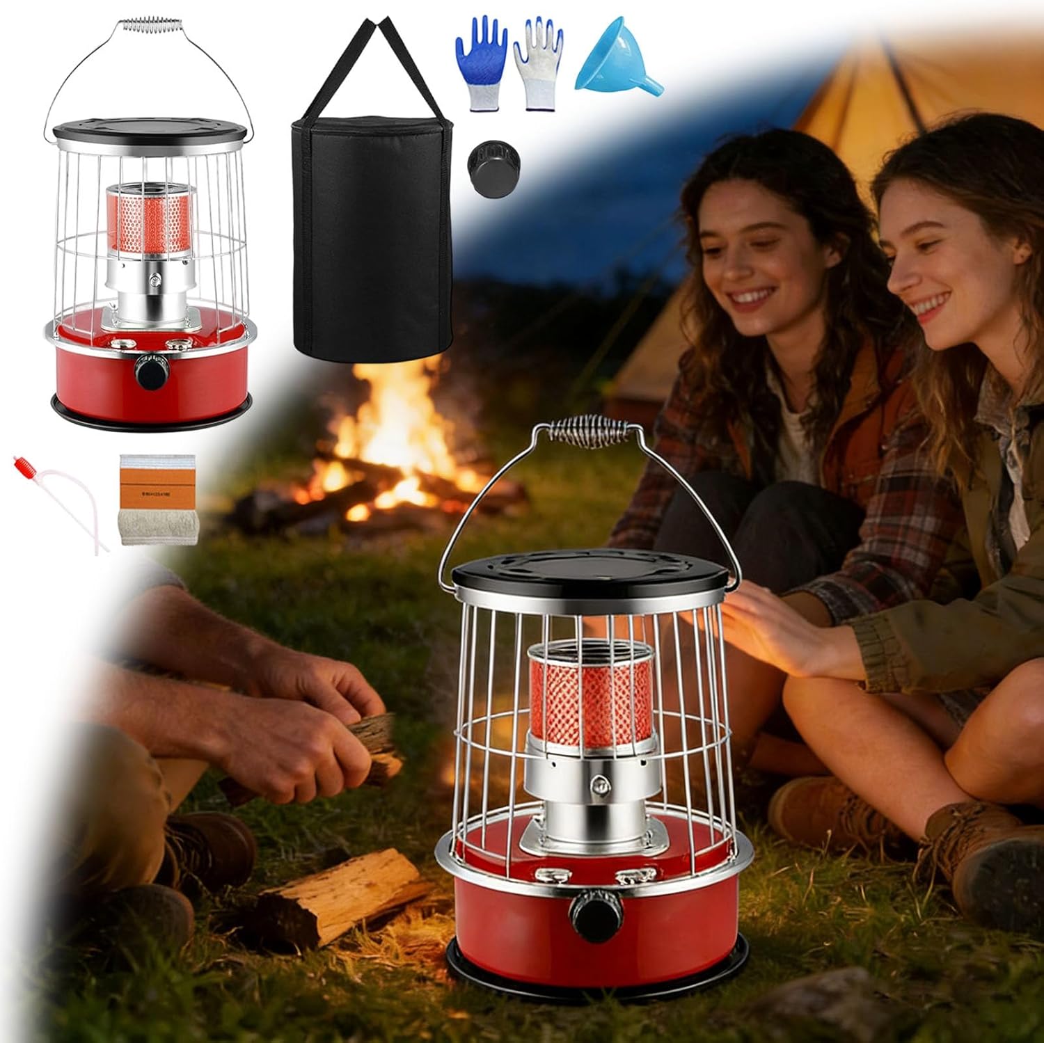 Non Electric Portable Kerosene Heater for Indoor Use - 2 in 1 Kerosene Heater & Stove, Non-Electric Indoor Outdoor Heating for Camping, Home, Garage, Ice Fishing & Outdoor Survival (Red)