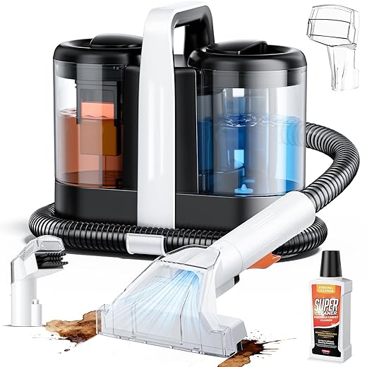 Portable Carpet & Upholstery Spot Cleaner Machine, Pro 18Kpa Powerful Suction Carpet Shampooer for Pet Stains, Furniture, Sofa, Stairs & Car Deep Cleaning with Dual Brush Heads & Cleaning Solution
