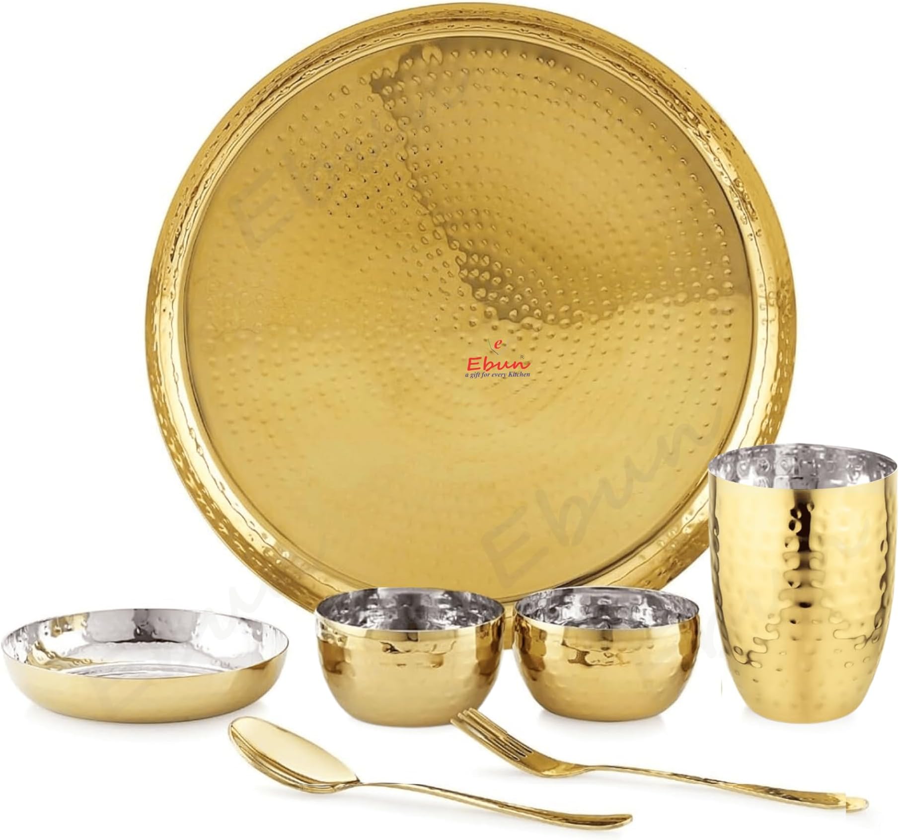 Ebun Heavy Gauge Stainless Steel Dinner Set | Gold PVD Plated Steel Thali Set | Stainless Steel Dinner Set for Kitchen | Pack of 1 | 7 Pieces | 2 Side Gold PVD Plated Thali