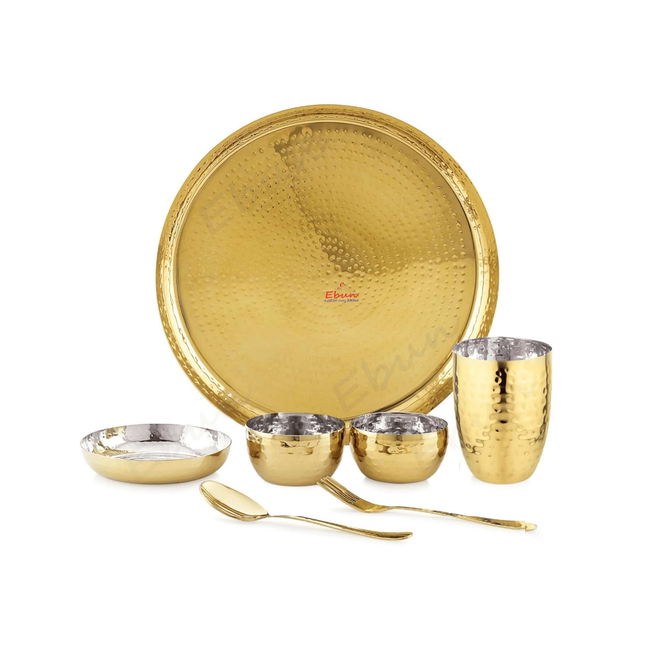 Ebun Heavy Gauge Stainless Steel Dinner Set | Gold PVD Plated Steel Thali Set | Stainless Steel Dinner Set for Kitchen | Pack of 1 | 7 Pieces | 2 Side Gold PVD Plated Thali