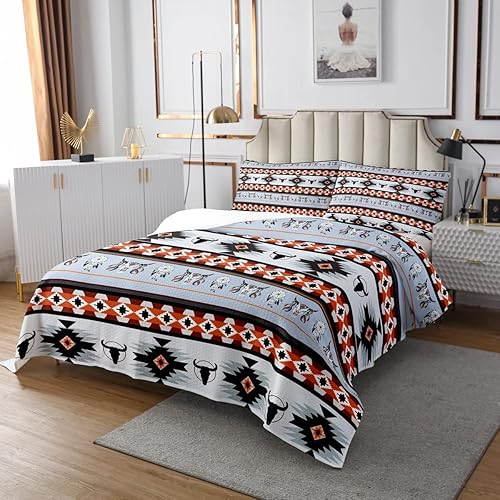 Miniatura 2 de Erosebridal Juego de colcha azteca tamaño Queen, diseño de calavera de toro exótica acolchada para niños, atrapasueños, diseño de plumas de tribu