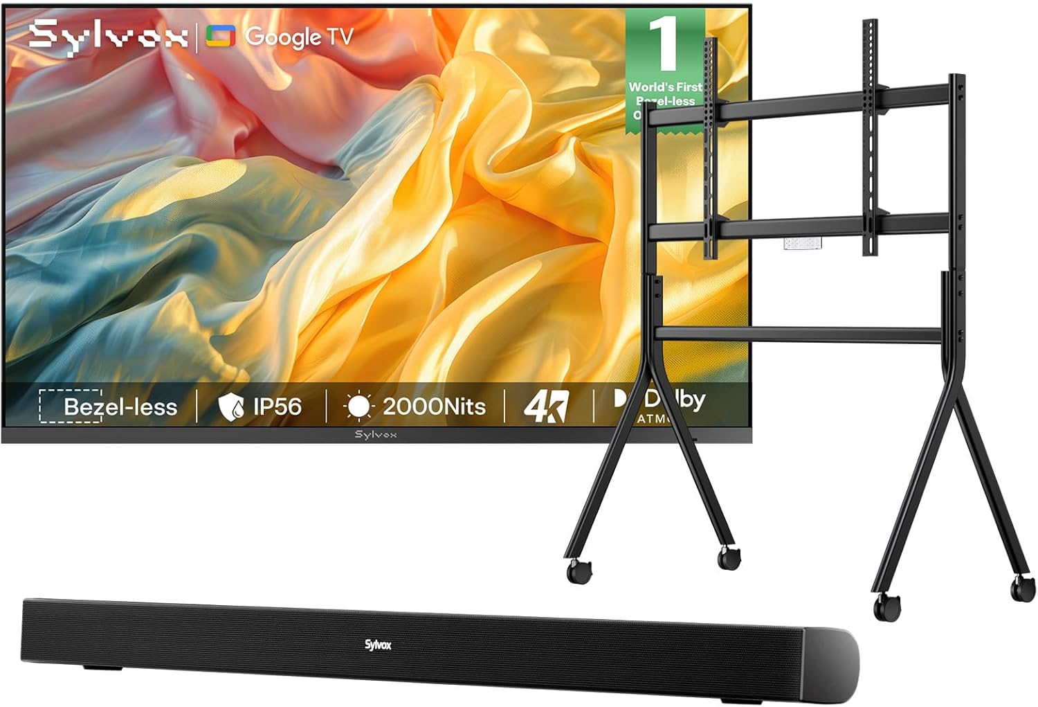 SYLVOX Outdoor TV with Rolling Stand & Soundbar, 65" Full Sun TV 2000 Nits, Ultra-Narrow Bezel, 4K Smart Television, IP56 Waterproof, Dual Speakers, for Poolside, Yard, Business (Frameless Pro Series)