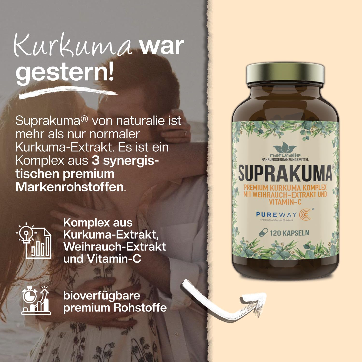 naturalie® - Suprakuma® - Kurkuma Weihrauch Kapseln | premium Markenrohstoffe im Komplex | unabhängig Laborgeprüft | erhöhte Bioverfügbarkeit | 120 Kapseln im Braunglas