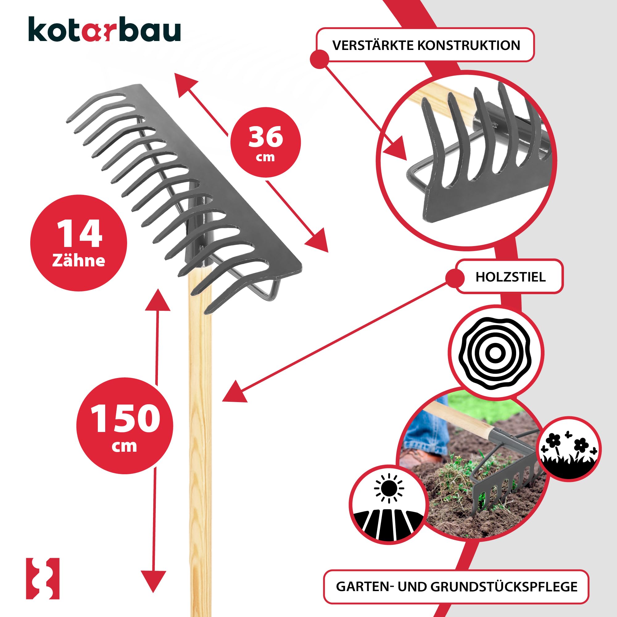 Rastrello Da Giardino A 14 Denti Curvi In Acciaio Verniciato