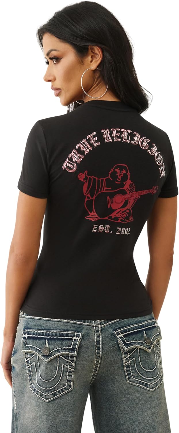 True Religion Women Crystal Crew Neck Tee – Soft Cotton Blend T-Shirt with Metallic & Crystal Logo