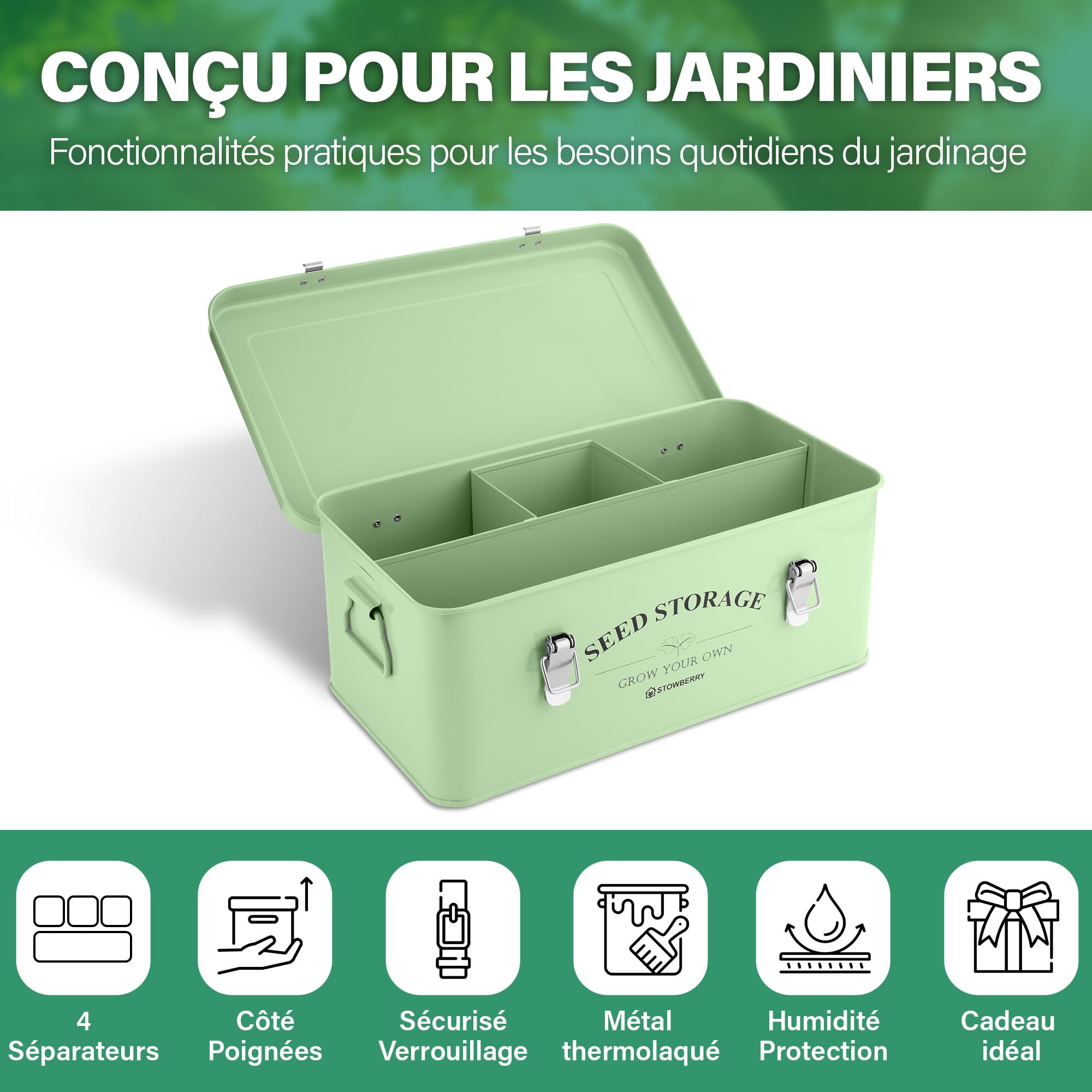 Boîte de Rangement pour Graines – Boîte à Graines Verte avec Couvercle, Poignées Latérales, 4 Compartiments et Fermeture de Sécurité – Boîte à Graines pour Jardiniers – Idée Cadeau Jardinage