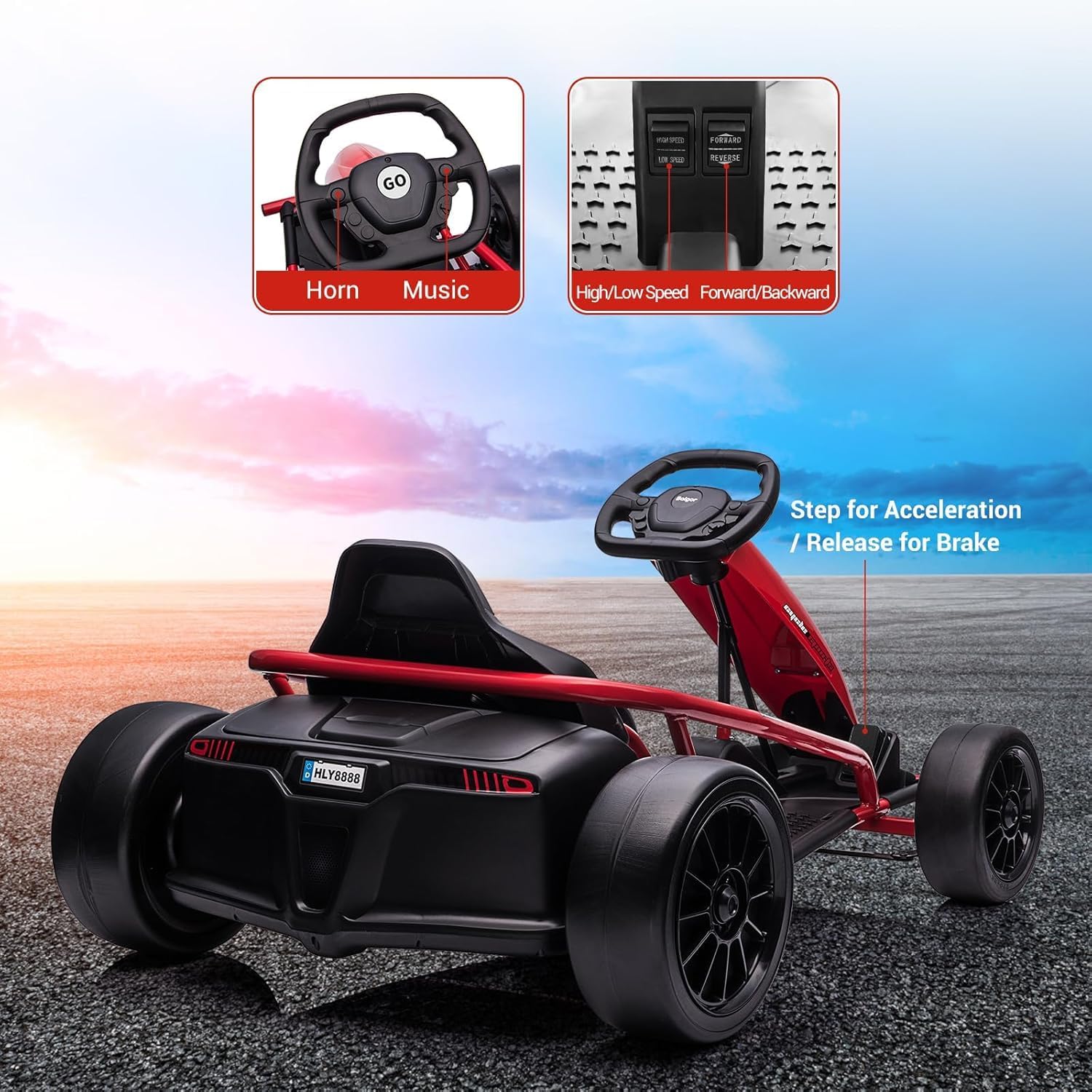 Kart Eléctrico Infantil 24V, 2 Motores Potentes De 300W, Batería 9Ah, Velocidad Máx. 13 Km/h, Kart De Drift Con Música y Bocina, Soporta Hasta 70 kg, Go Kart Eléctrico Para Exterior, Niños De 8 a 12 a