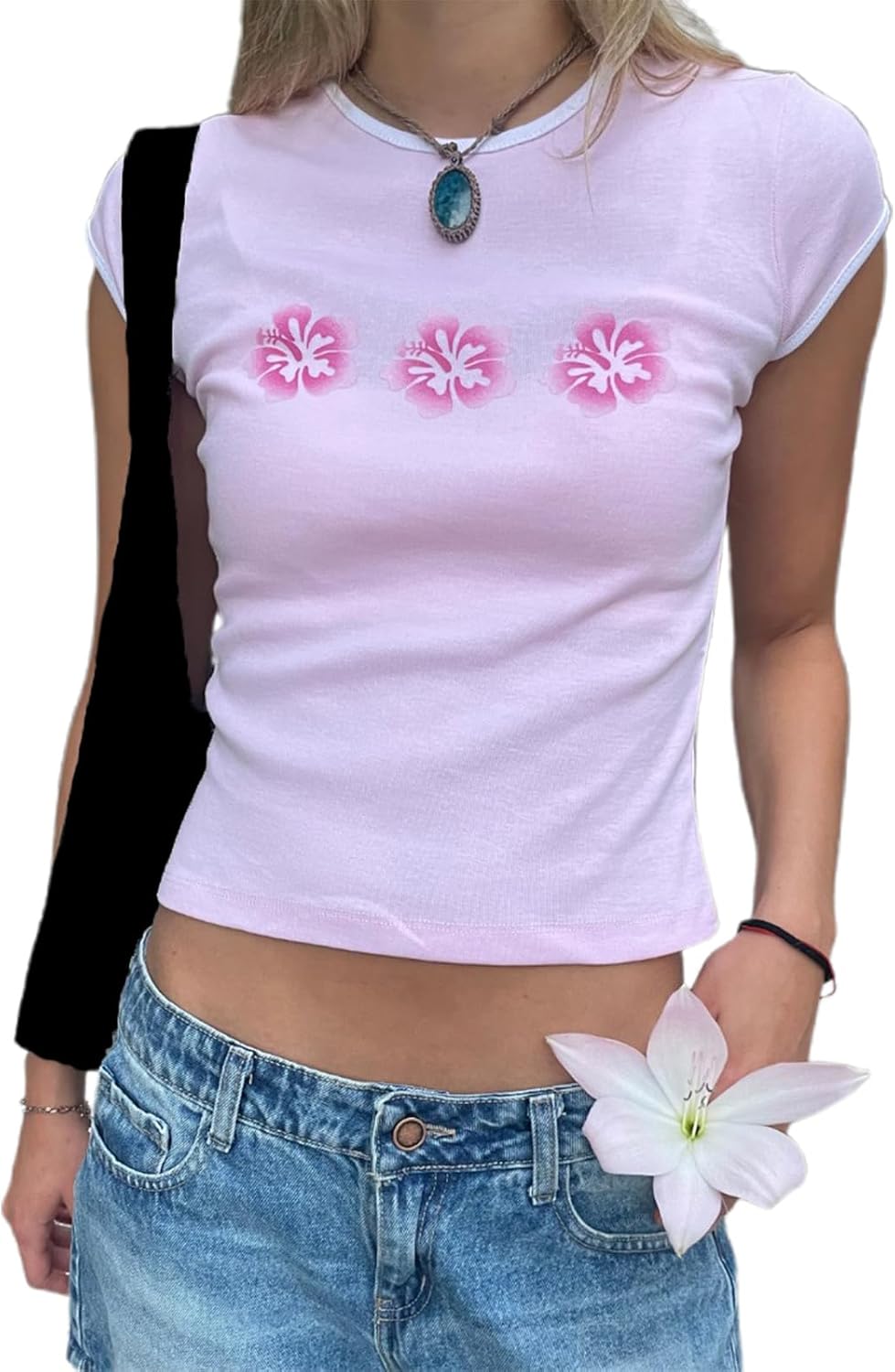 Women Hawaii Hibiscus Baby Tees Y2K Short Sleeve Crewneck Slim Crop Top 90s E Girls Retro Aesthetic Graphic T Shirt