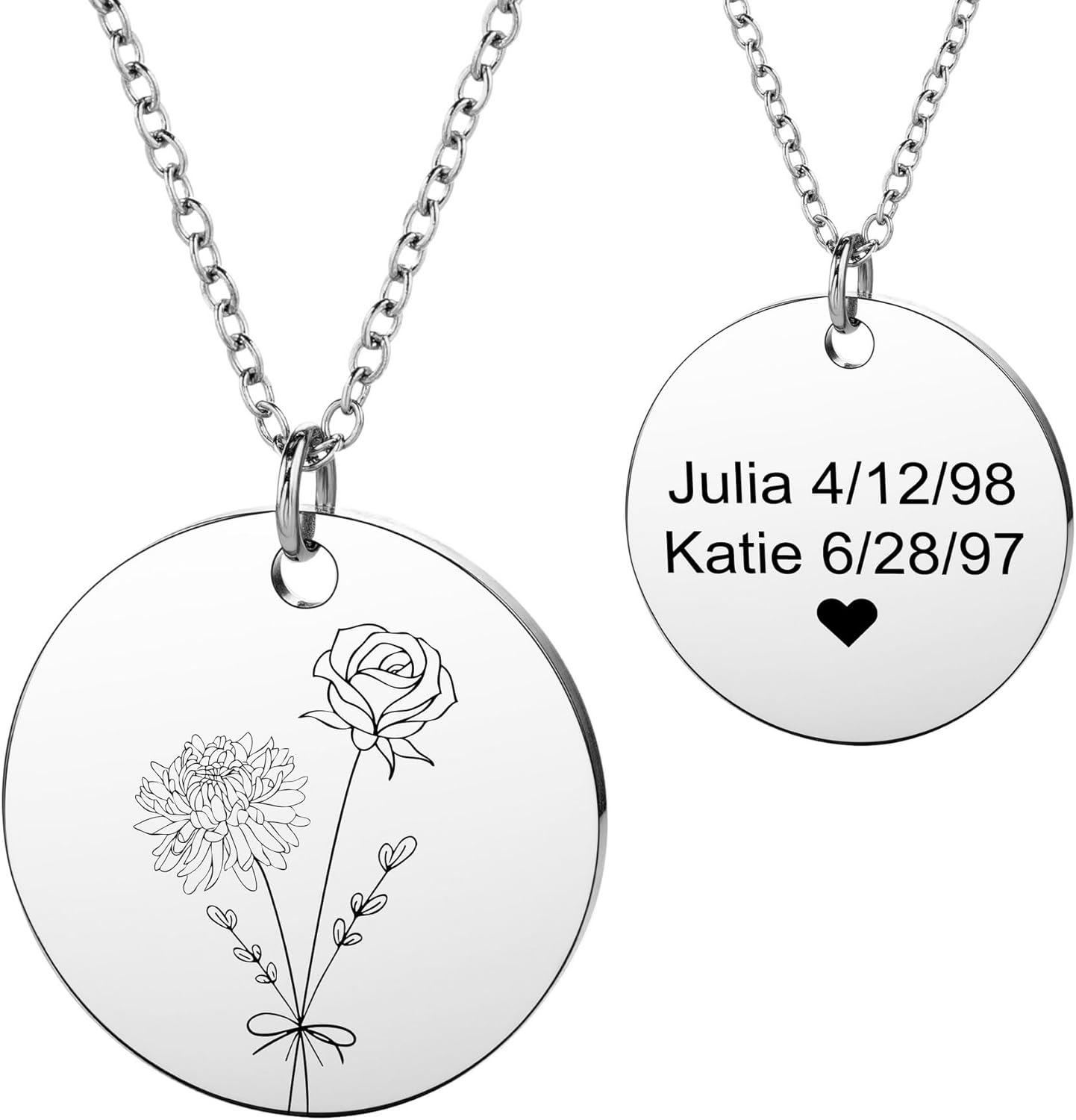MeMeDIY Personalized Birth Flower Necklace for Women Floral Coin Necklace Stainless Steel Round Pendant with BirthStone Rose Gold/Silver/Gold Engraved Flower Bouquet Necklace