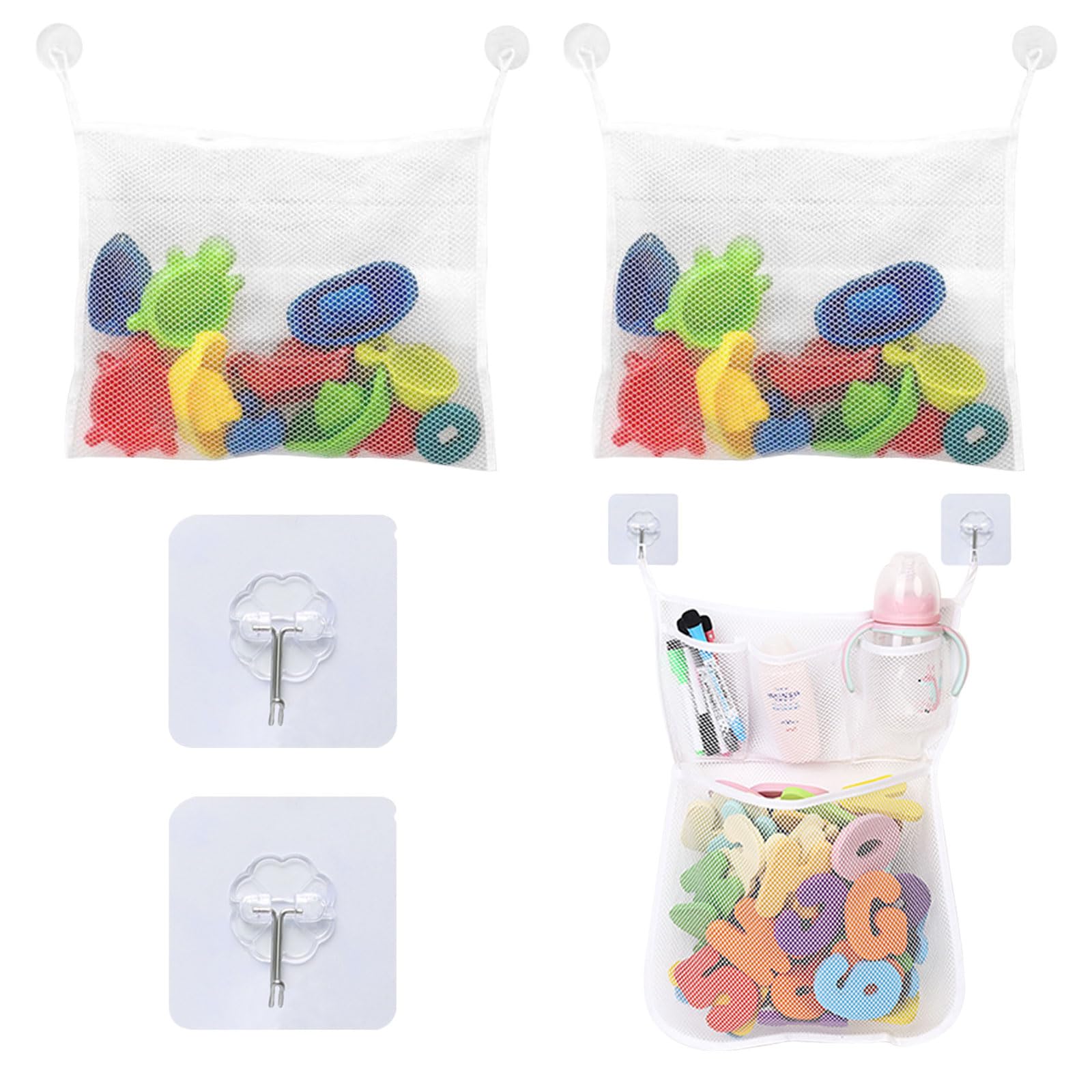 3 Pack Bath Toy Storage, Bath Toy Net Mesh Bags, Bath Toy Storage Net, Bath Toy Organiser Net Anti Mould with 4 Hooks for Baby Bath Toys, Bathroom and Bedroom Bath Toy Fixed Storage