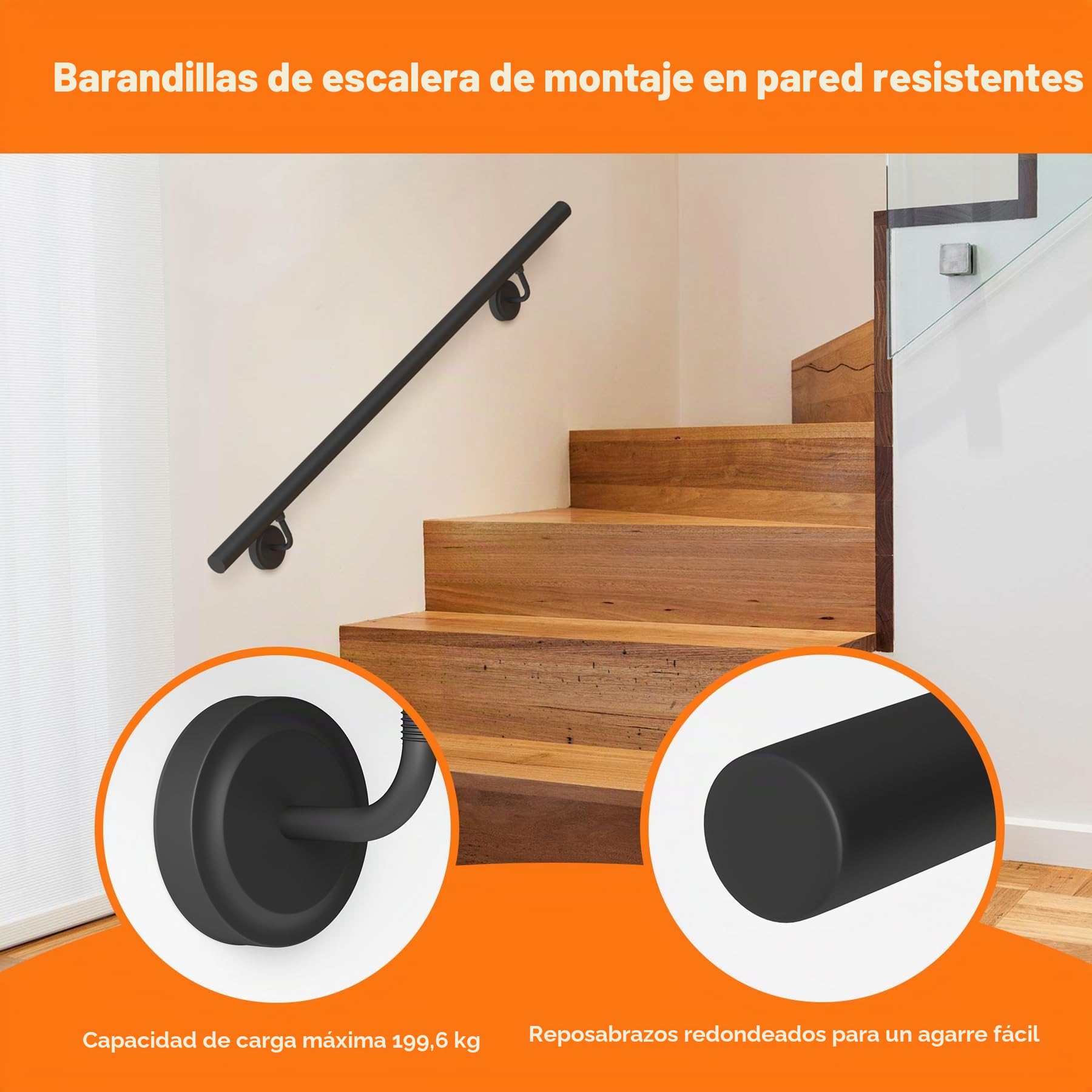 180cm Pasamanos escalera de Metal Industrial, pasamanos hierro redondo para escaleras de interior/al aire libre, pasamano soporte de montaje en pared para embarazadas, ancianos, discapacitados
