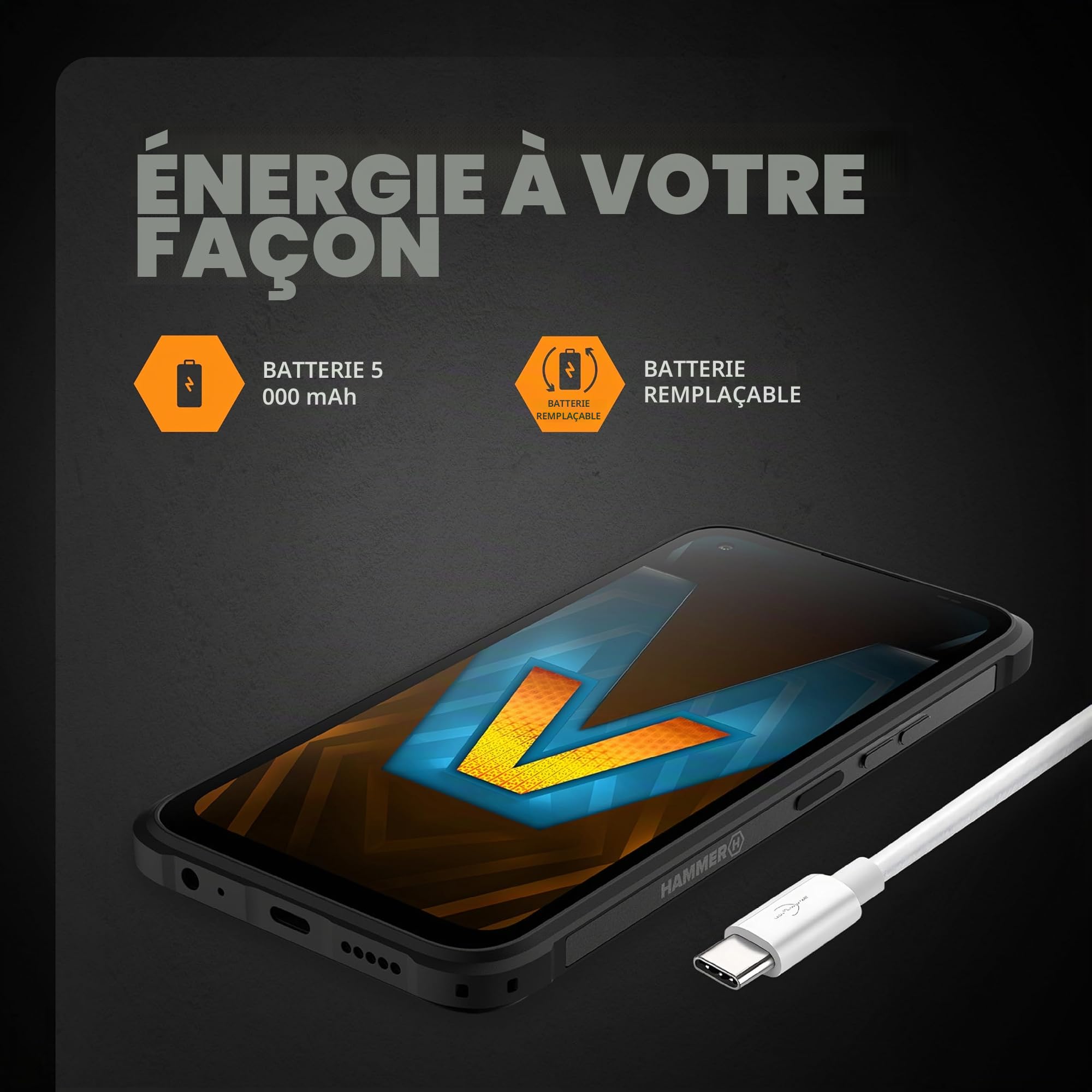 Robuste Smartphone blindé Hammer Blade V 5G étanche Grande Batterie 5000mah eSim caméra IP69 50mpx écran Clair 6.59 HD+ Volte et VoWiFi Lecteur 256GB