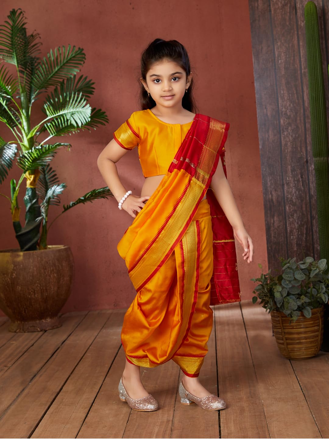 Aarika Girls Ethnic Wear Yellow Colour Shree Nav Silk Saree (4-9 Years)