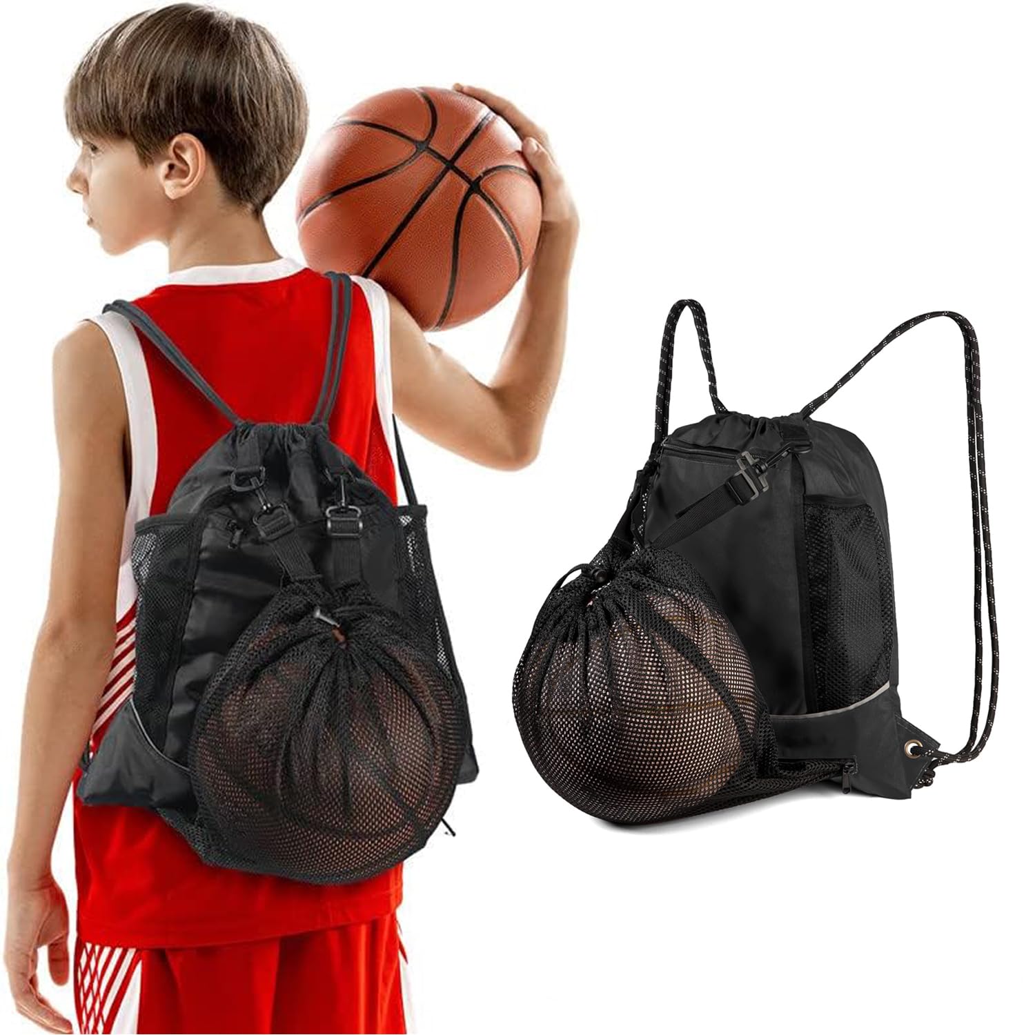 ELECDON Black Basketball Backpack Drawstring Bag Basketball Accessories String Bag w Hidden Ball Net Gym Sports Cinch Sack w Bottle Holder & Zipper Pockets Workout Equipment Bags for Volleyball Men