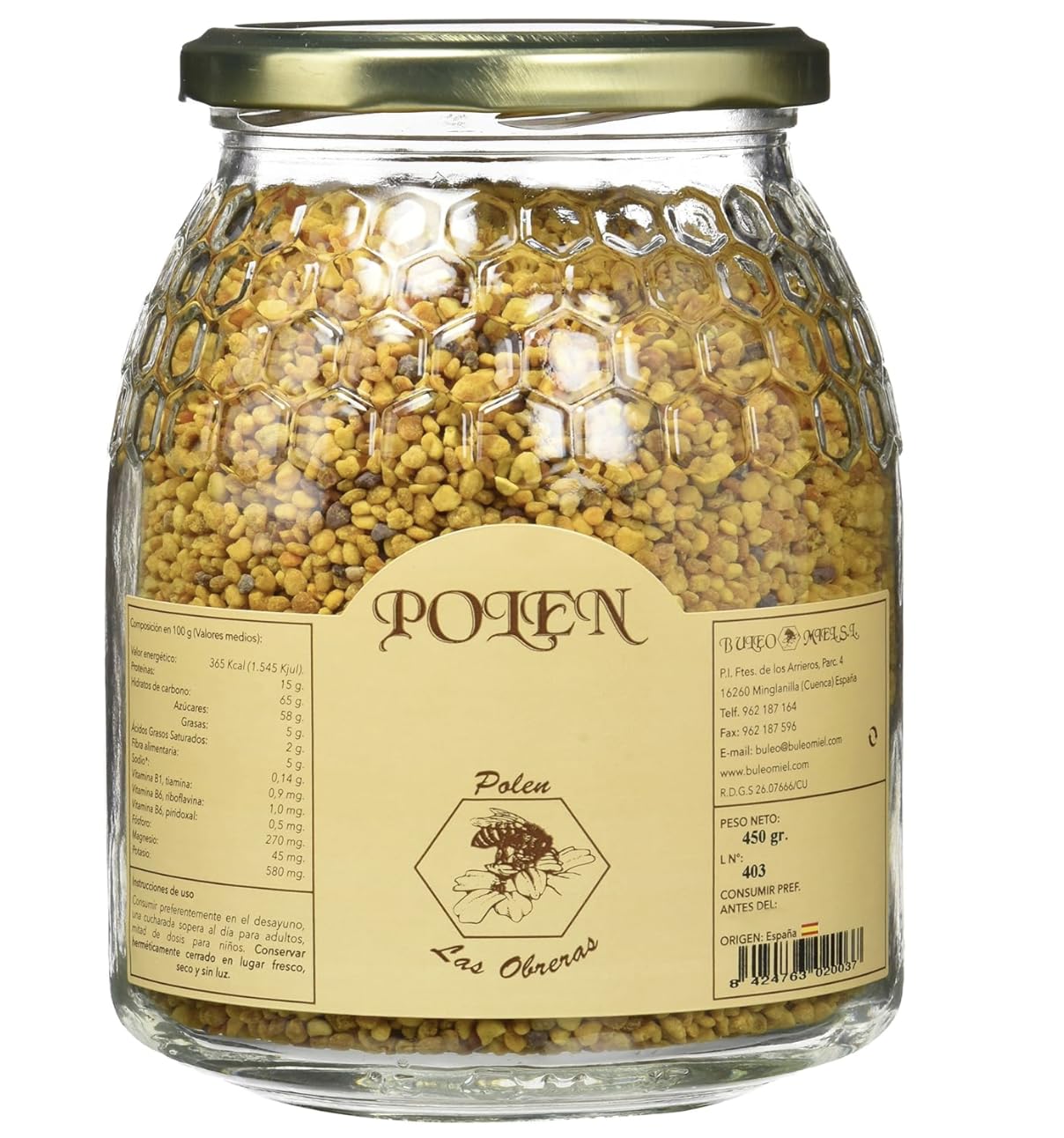 Polen de Abeja natural. Polen Las Obreras 450 grs. Origen España 100%. Pequeño tesoro alimenticio que las abejas extraen de diversas flores. Origen, Cuenca.