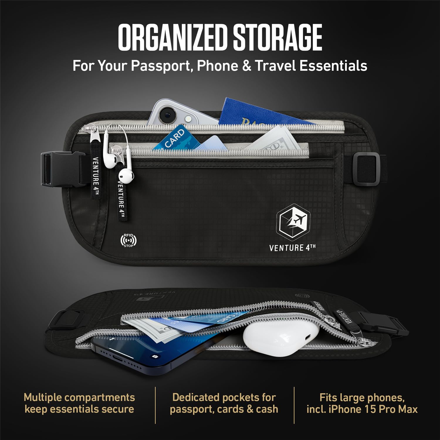Slim Minimalist Design RFID Money Belt with RFID Blocking Sleeves, for Men and Women – Ideal for Keeping Your Cash, Credit Card, Passport, Phone Safe When Traveling