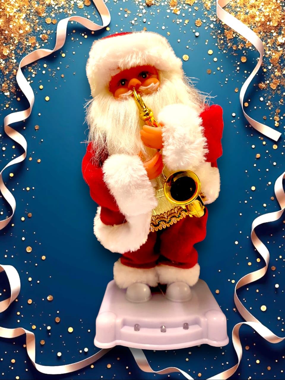 Santa Electric Music Doll Saxophone with Gift Bag - Festive Christmas Decoration in Red Velvet Cloth - Gifting Indoor Home, Native Set, Offices, and Church. Size 30 CM Free Battery