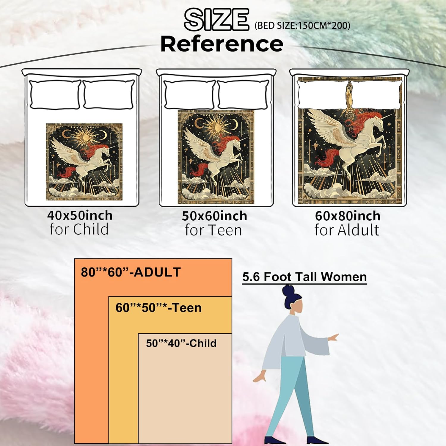 Unicorn Pegasus Blanket 60x80 in Birthday Gifts, Mythical Celestial Sun Moon Throw Blankets for Home Traveling Camping Car Decor, Comfort Fluffy Warm Throws, for Boys Kids Fantasy Lovers