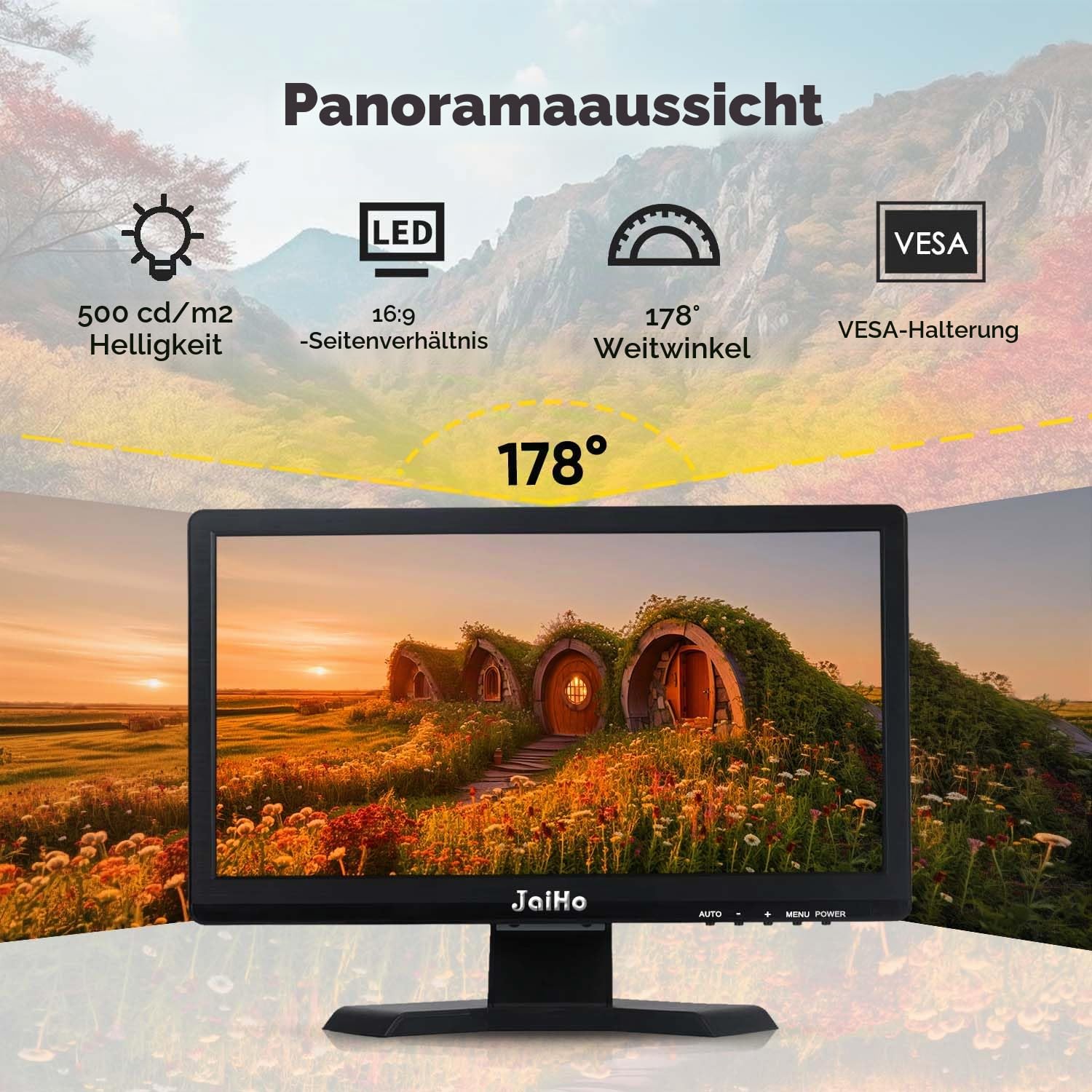 JaiHo 15.6 Zoll Monitor 16:9, CCTV Überwachungsmonitor Metallgehäuse, 1080P Full HD LCD Bildschirm mit BNC HDMI VGA AV USB, Industrie PC Display für Kasse Server, Inklusive Wandhalterung