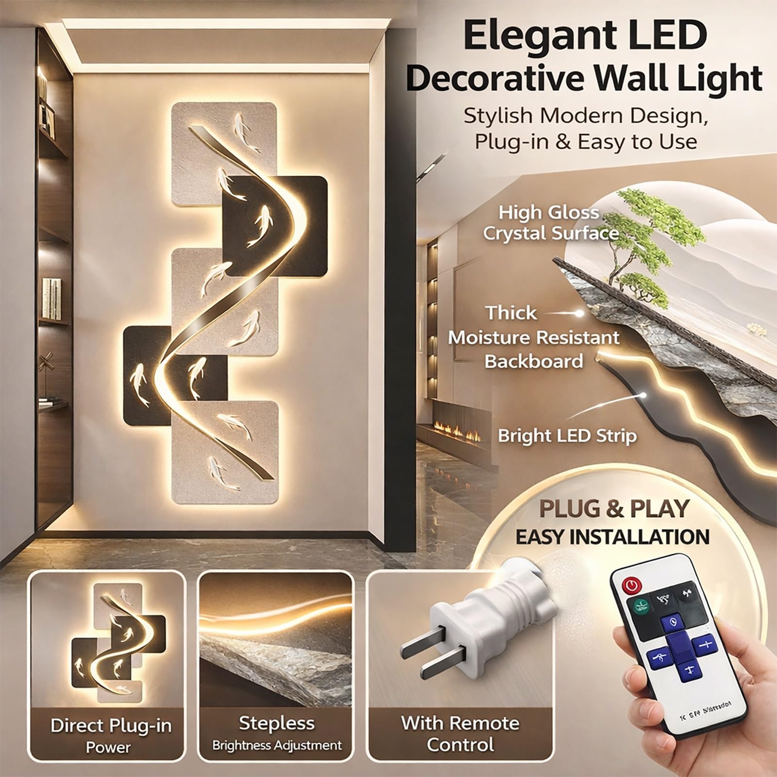 Rzeźby ścienne LED, wiszące, nowoczesne oświetlenie dekoracyjne 3D, do salonu, sypialni, przedpokoju i wnętrz domowych (szer. 80 x 160 cm/31,4 x 63 cale)
