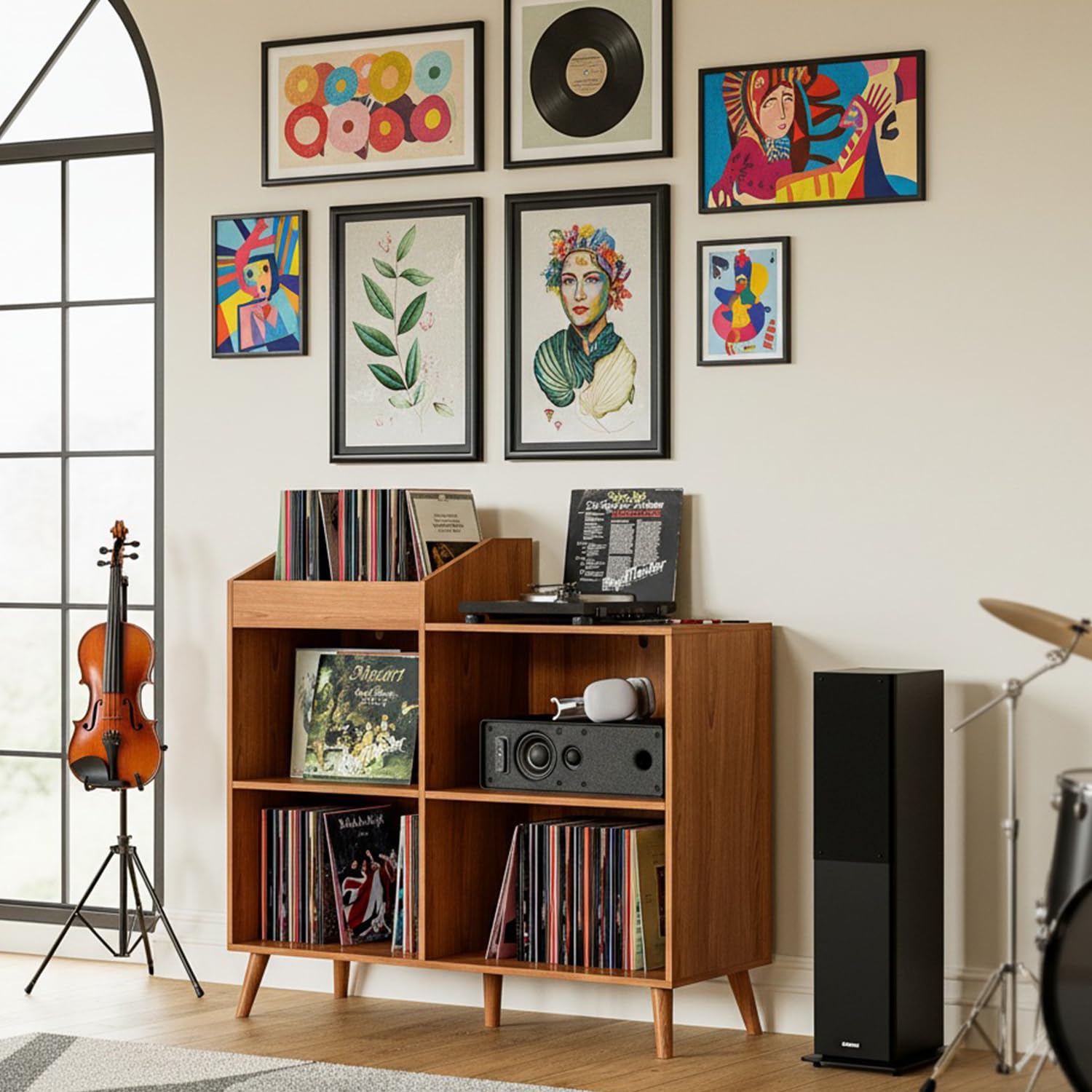 Large Record Player Stand with Power Outlet, Vinyl Record Storage Table Holds Up to 400 Albums, Mid-Century Turntable Stand for Living Room, Bedroom, Brown