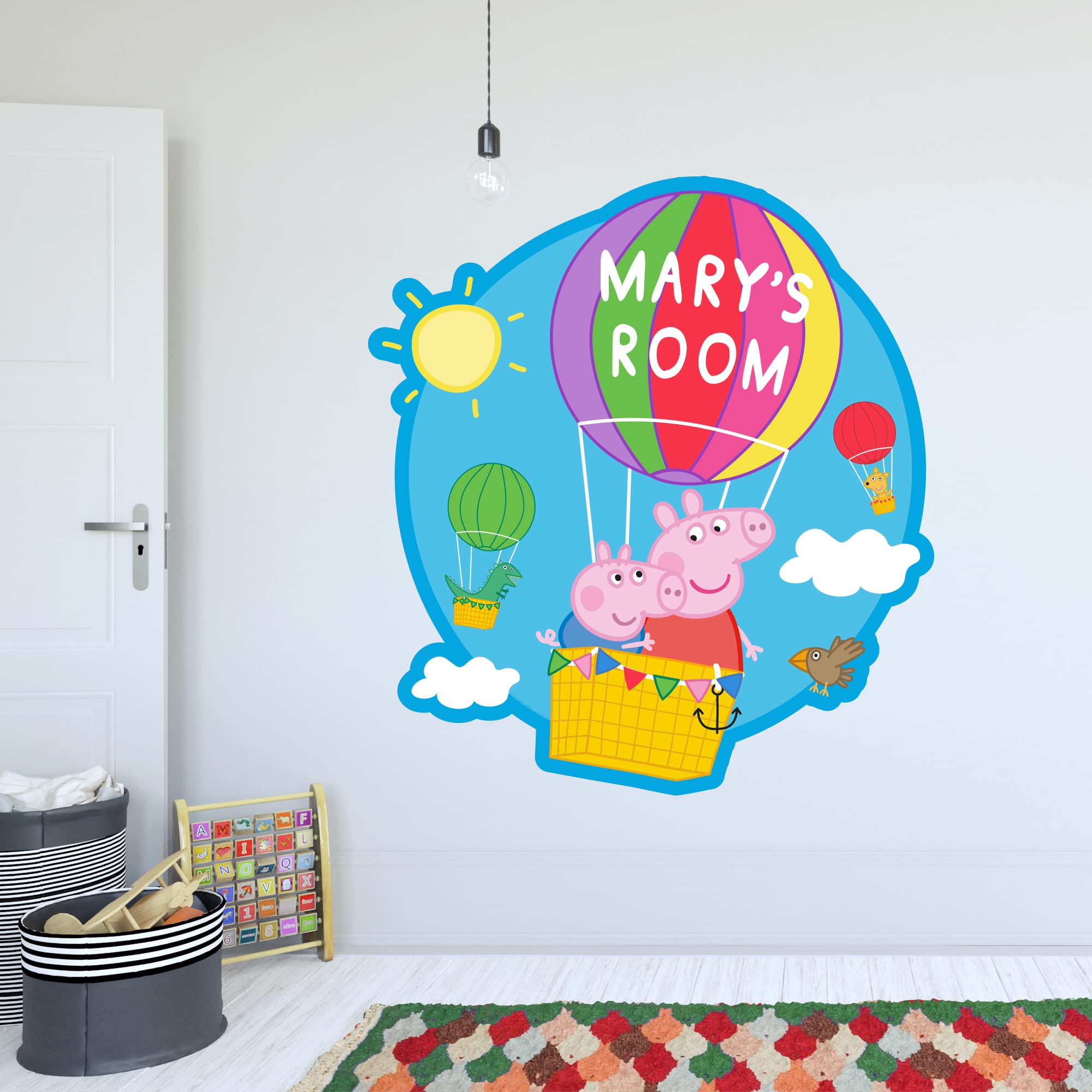 Peppa Pig Wall Sticker - Peppa and George Hot Air Balloon Personalised Name Wall Decal Kids Art (60cm Height x 55cm Width)