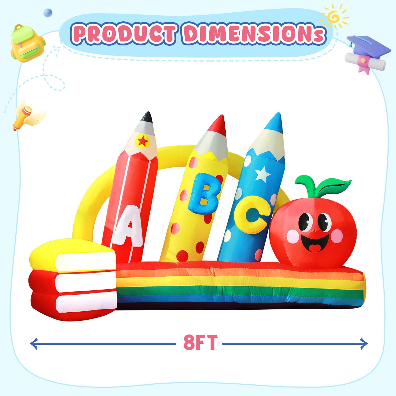 DomKom 8FT Kindergarten Graduation Decorations Crayon Yard,Back to School Inflatable Decoration Red Apple & Book LED Lights Backdrop for 2026 Graduate School Party Decor,Holiday Party Garden Lawn