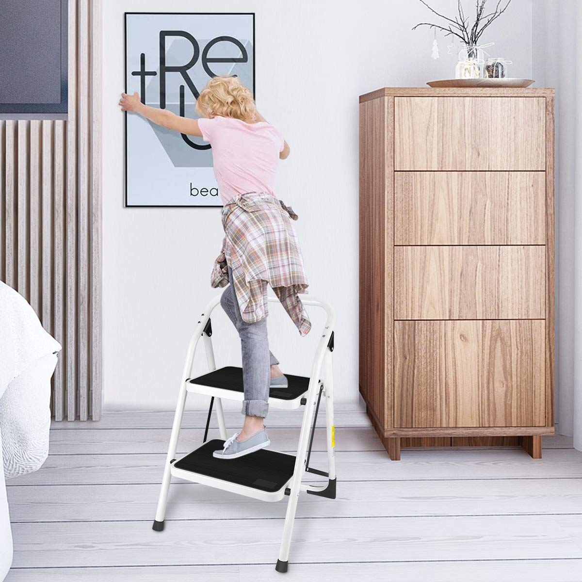 Gimify 3-Step Folding Step Stool – Steel Ladder With Non-Slip Wide Pedals, Hand Grip, 330 Lb Capacity, For Home, Kitchen, Garden