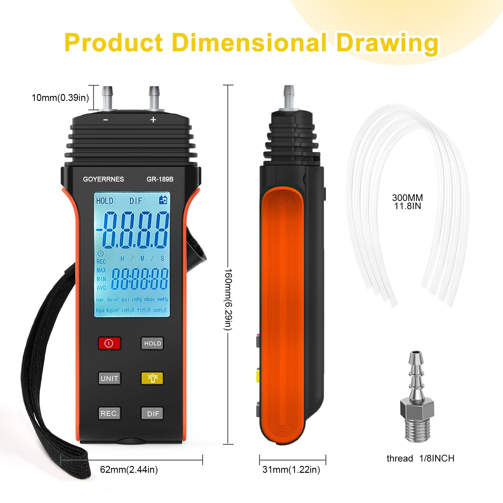Manomètre portable Testeur de pression d'air et de gaz GR-189B Manomètre différentiel à double port 11 unités sélectionnables Manomètre différentiel Grand écran LCD