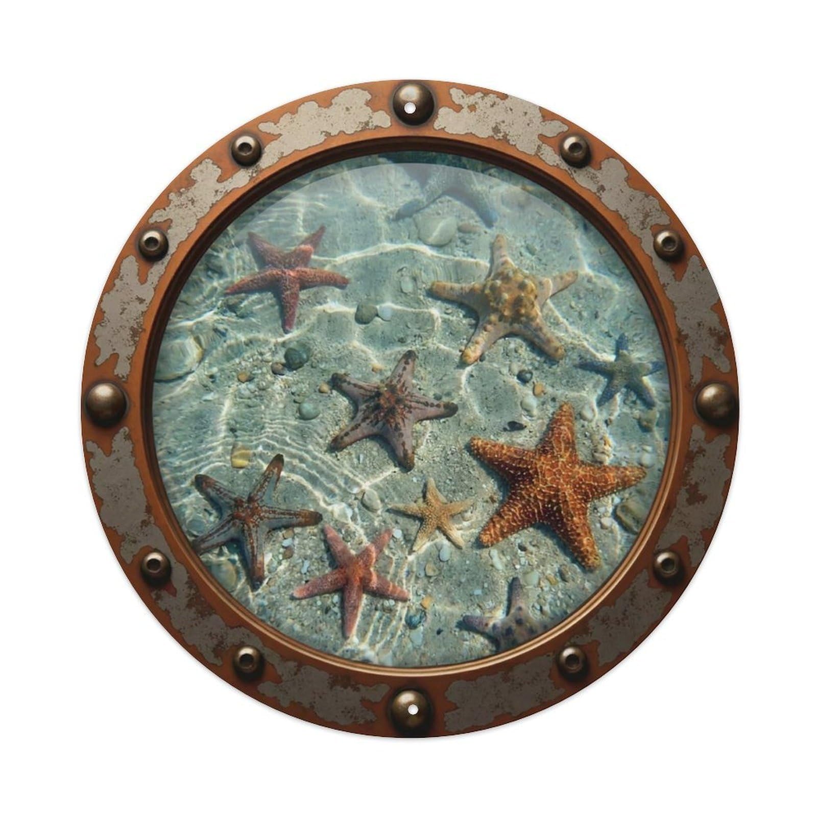 Vintage Porthole Starfish Visible Nautical Window View Vintage Metal Tin Sign Plaque Wall Decor for Cafe, Club Bar, Office, Garden Metal Poster 8x8Inch