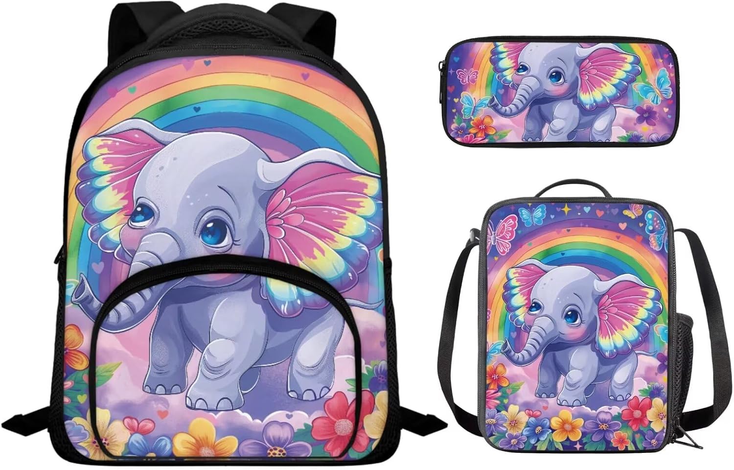 Rainbow Elephant Backpack for Girls Kids Backpack with Lunch Box and Large Capacity Pencil Case 3 in 1 Set 12" Bookbag with Front Pocket Sturdy School Bag with Side Pockets for Toddler Girls