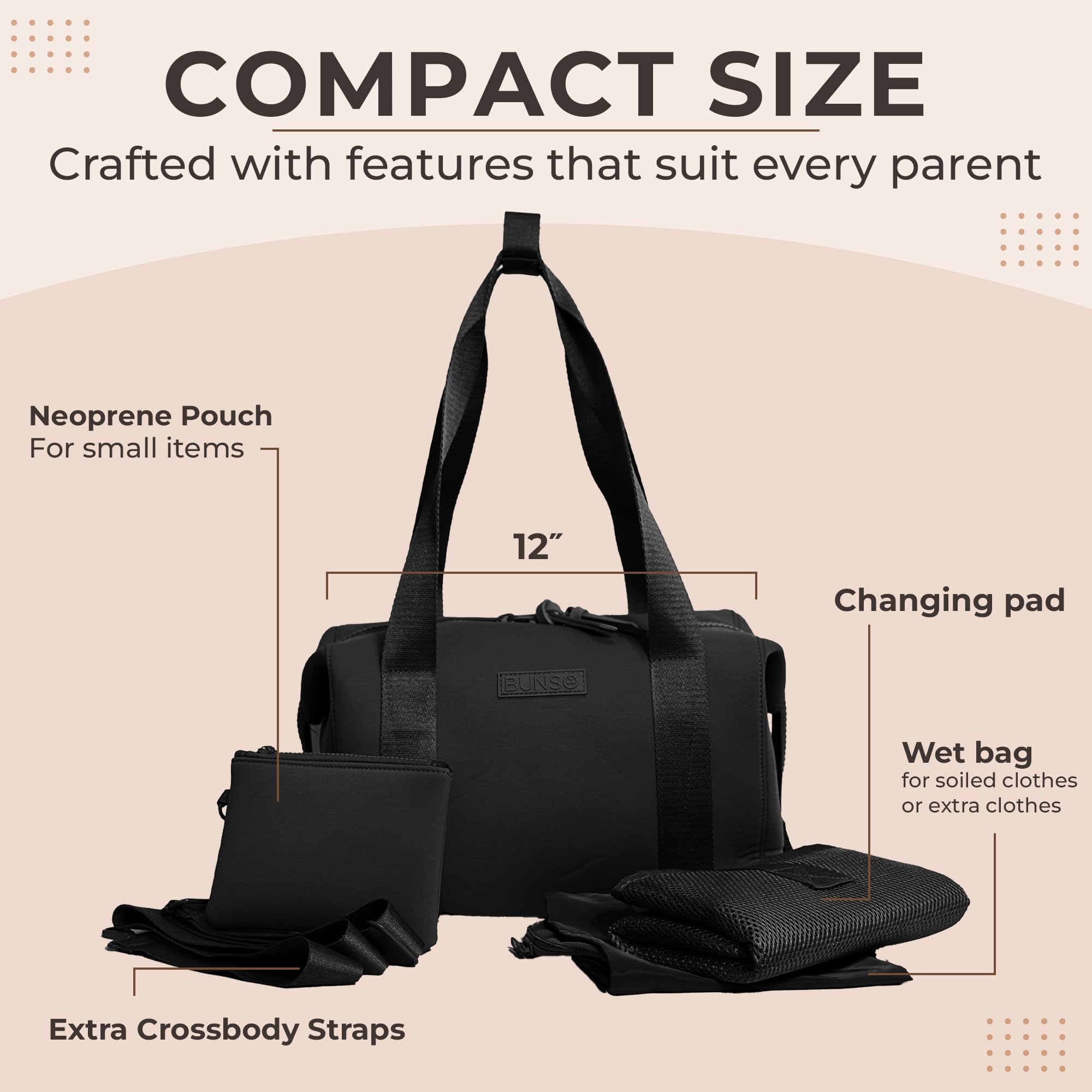 BUNSO Baby Diaper Bag Tote - Premium Neoprene Baby Diaper Bag with Portable Changing Pad & Pouch - Lightweight and Water-Resistant Diaper Bags - 12 x 7 x 8 Inches - Black