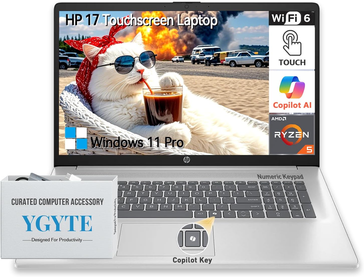 HP 17 Inch Laptop Touchscreen Computer, 17.3 HD+ Touch Screen Business Laptop, AMD Ryzen 5(6-Core), Windows 11 Pro, 10-Key Number Pad, 64GB RAM 1TB SSD