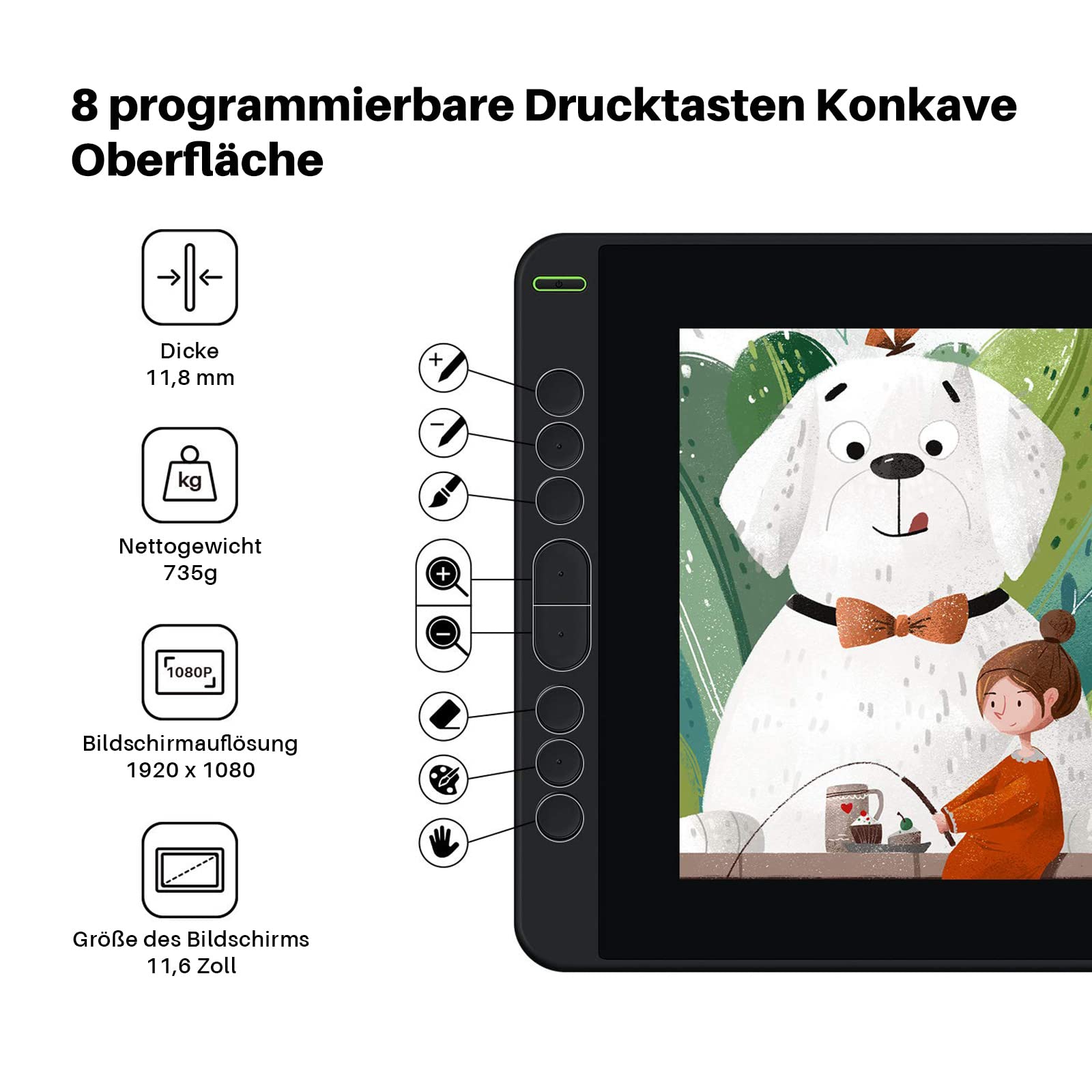 HUION Kamvas 12 Grafiktablett mit Display, 11,6 Zoll Stift-Display mit batterielosem Stift, 8 Expresstasten, verstellbarem Standfuß, Zeichentablett für Switch Spiel, ferngesteuertes Lernen, Arbeiten
