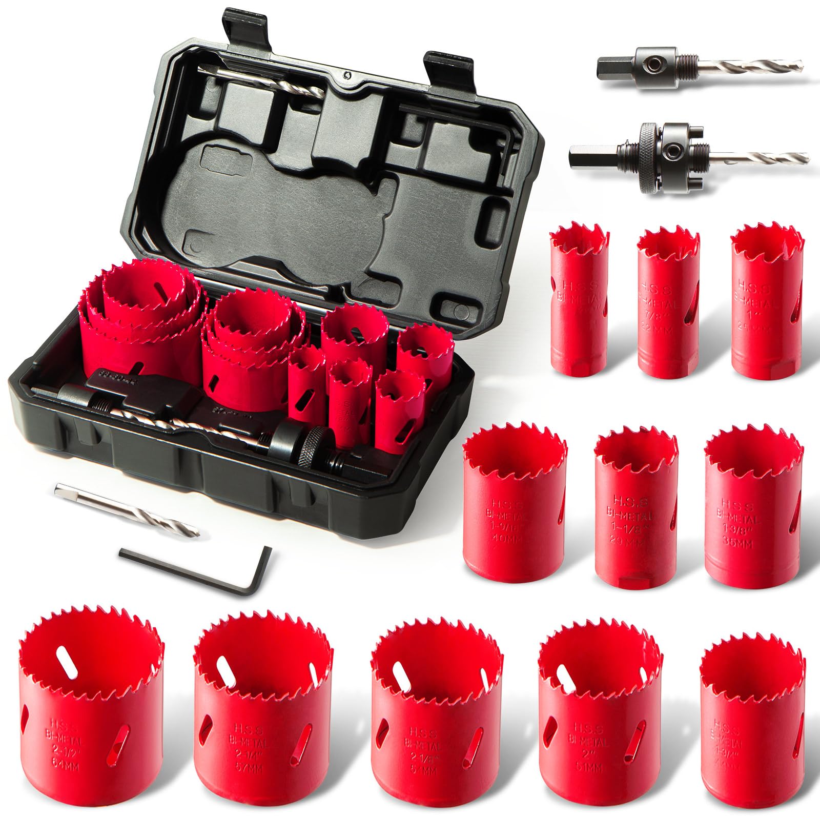 HYCHIKA Bimetall Lochsäge Set, 17tlg Lochbohrer Ø20mm-68mm, Maximale Schnitttiefe 40mm, Ideal zum Bohren von Weichmetall, Holz, PVC Platte und Kunststoffplatte