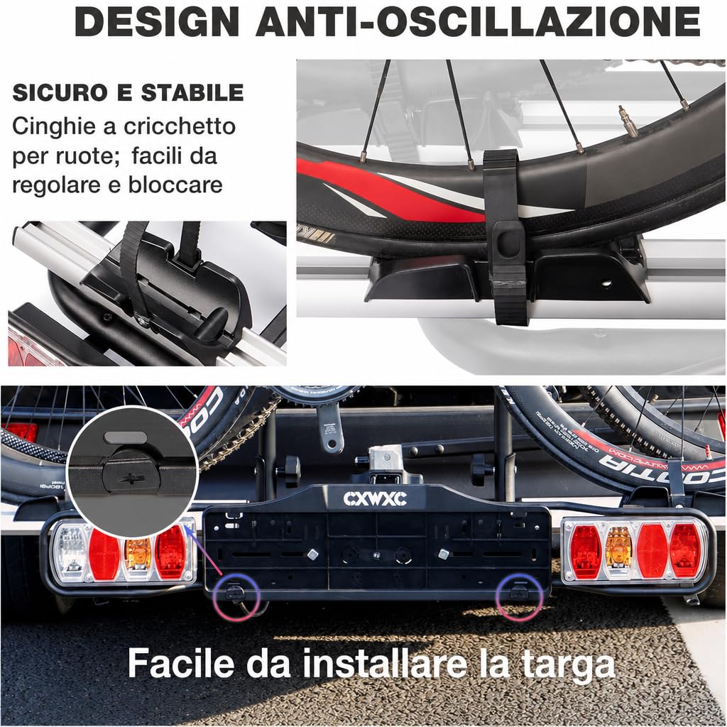 Portabici per gancio di traino, 2 biciclette, e-bike, 60 kg, gancio di traino con fanale posteriore e portatarga, richiudibile, supporto frizione per ebike