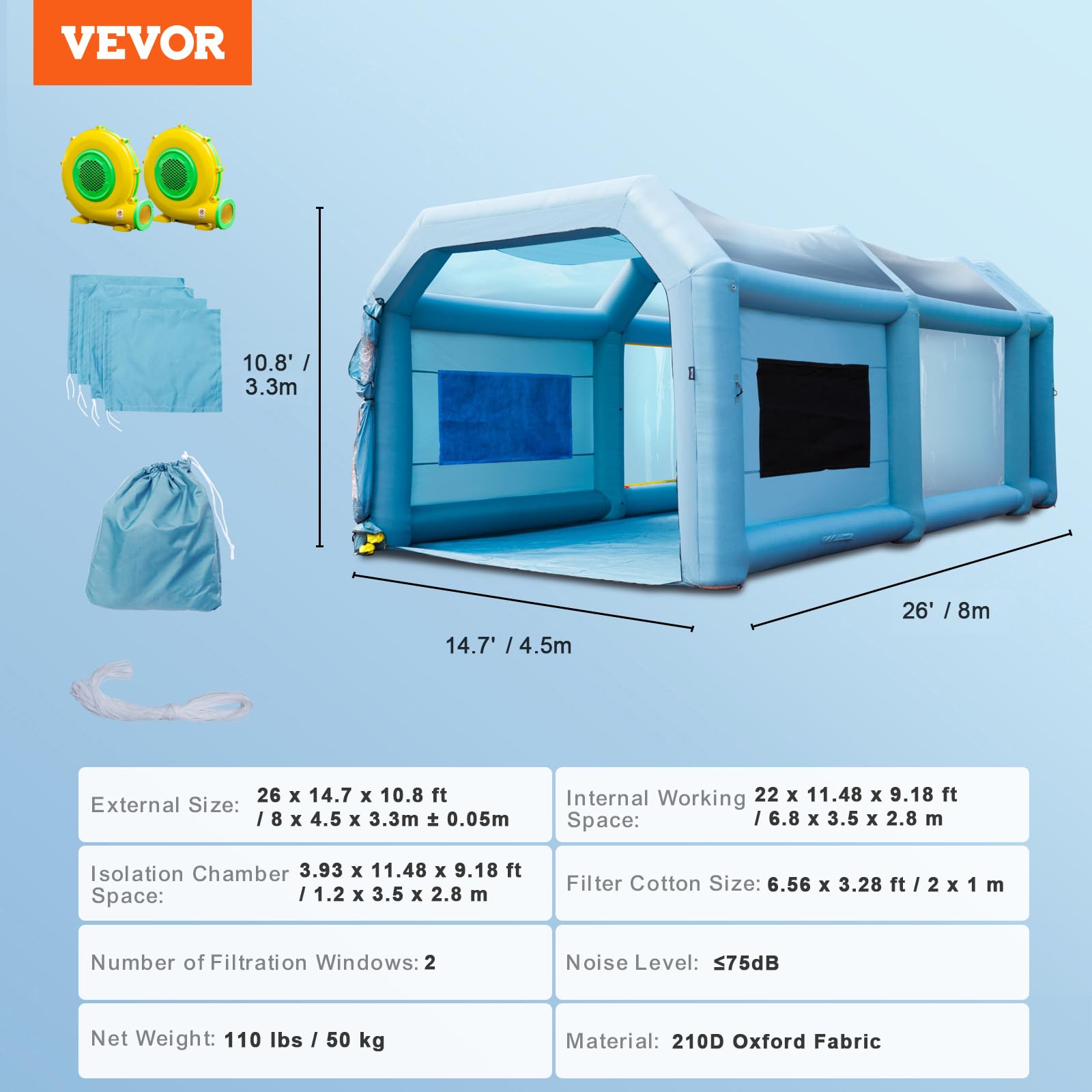 VEVOR Cabina de Pintura Inflable 8 x 4,5 x 3,3 m Carpa Hinchable de Pintura de Coches en Oxford 210D con Sistema de Filtración 2 Sopladores 960W + 750W Estación de Trabajo de Pintura Taller de Garaje